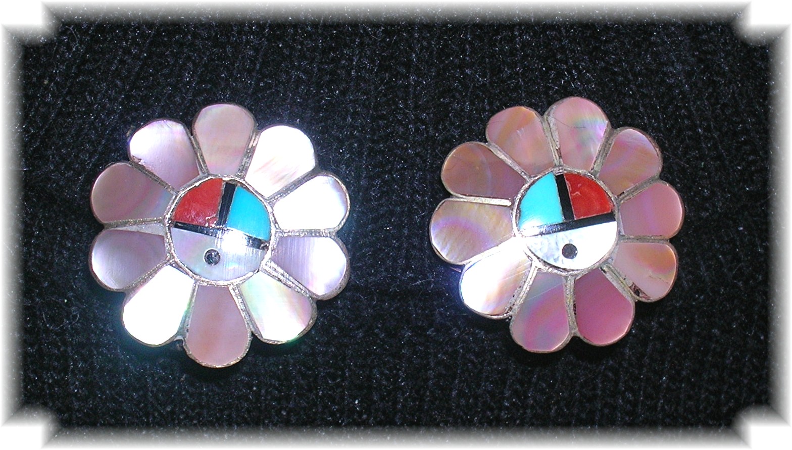 Zuni Sterling Silver Mother Pearl Turquoise Onyx Earrin