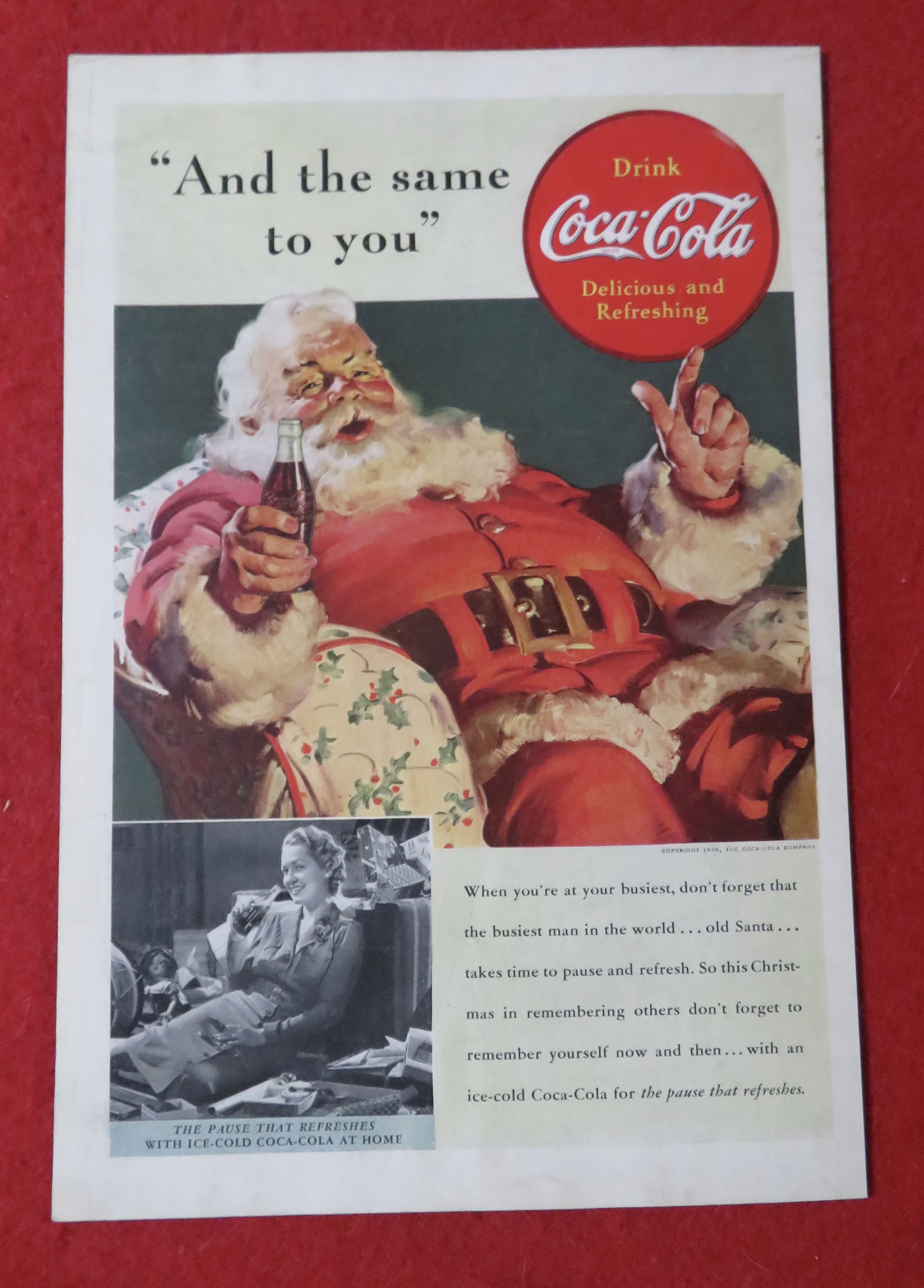 1939 Coca Cola (Coke) with Santa Claus with Bottle