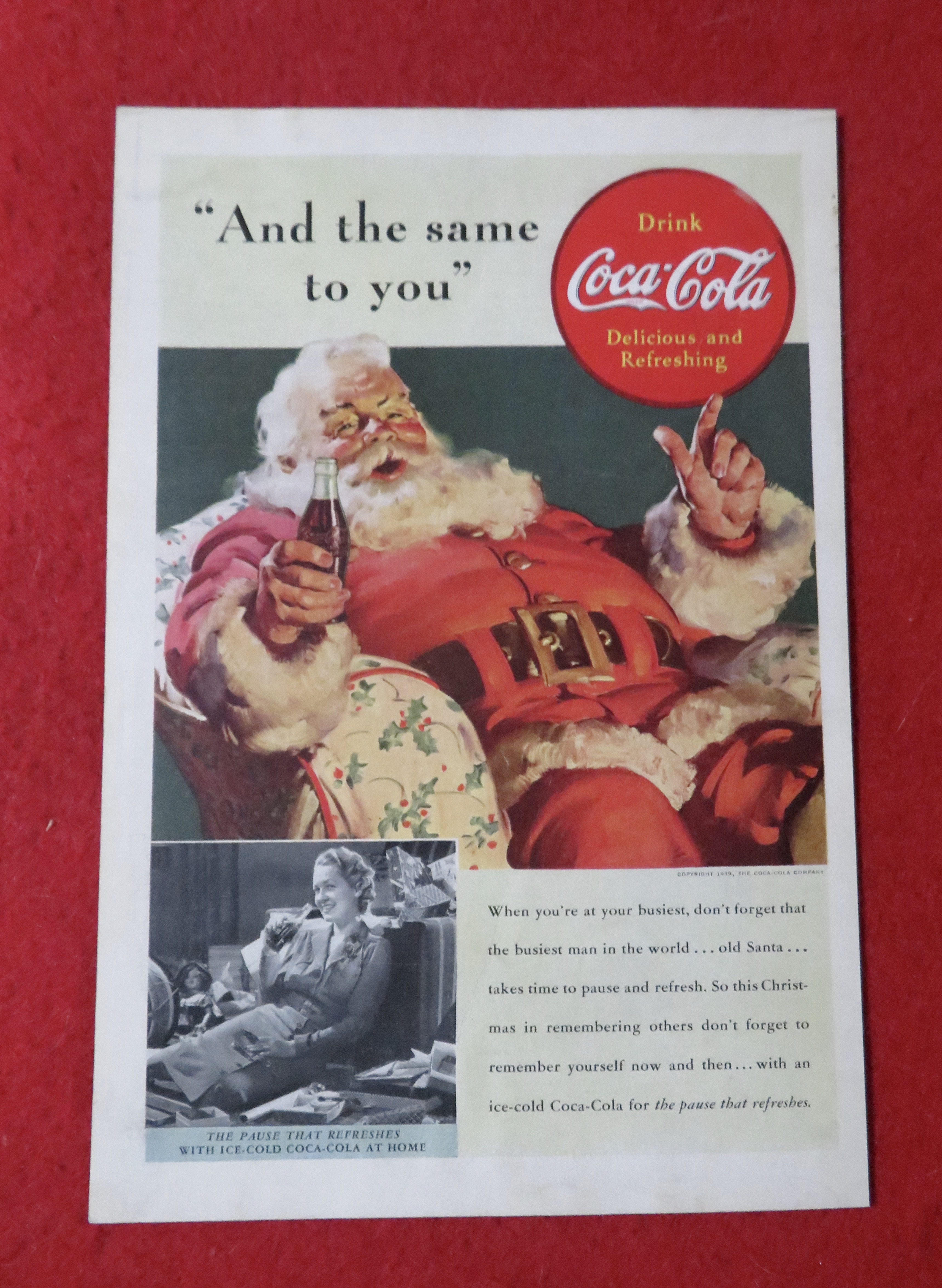 1939 Coca Cola (Coke) with Santa Claus with Bottle