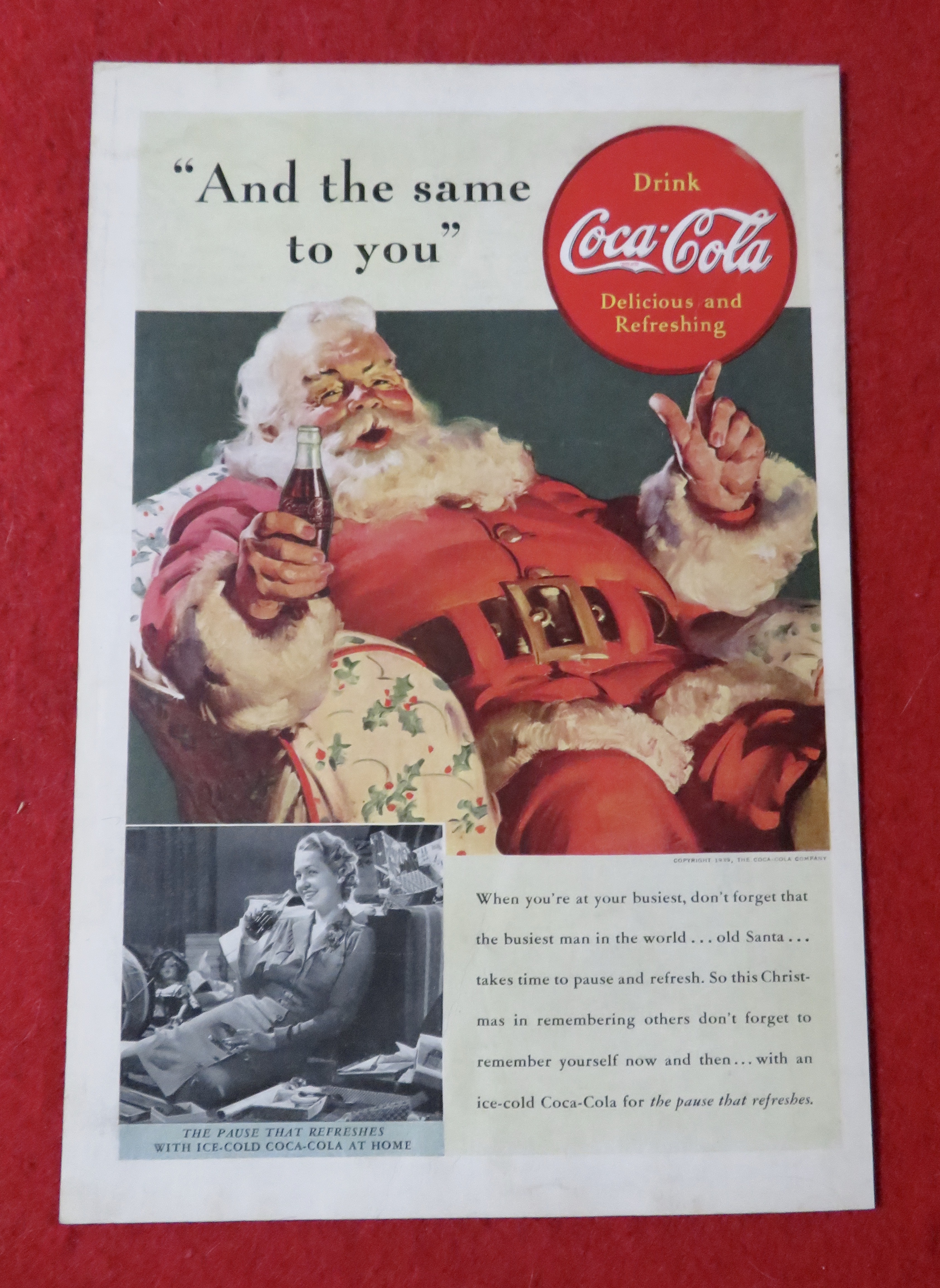 1939 Coca Cola (Coke) with Santa Claus with Bottle