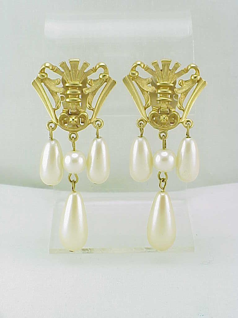 Avon Matte Gold Clip Earrings With Dangling Pearls