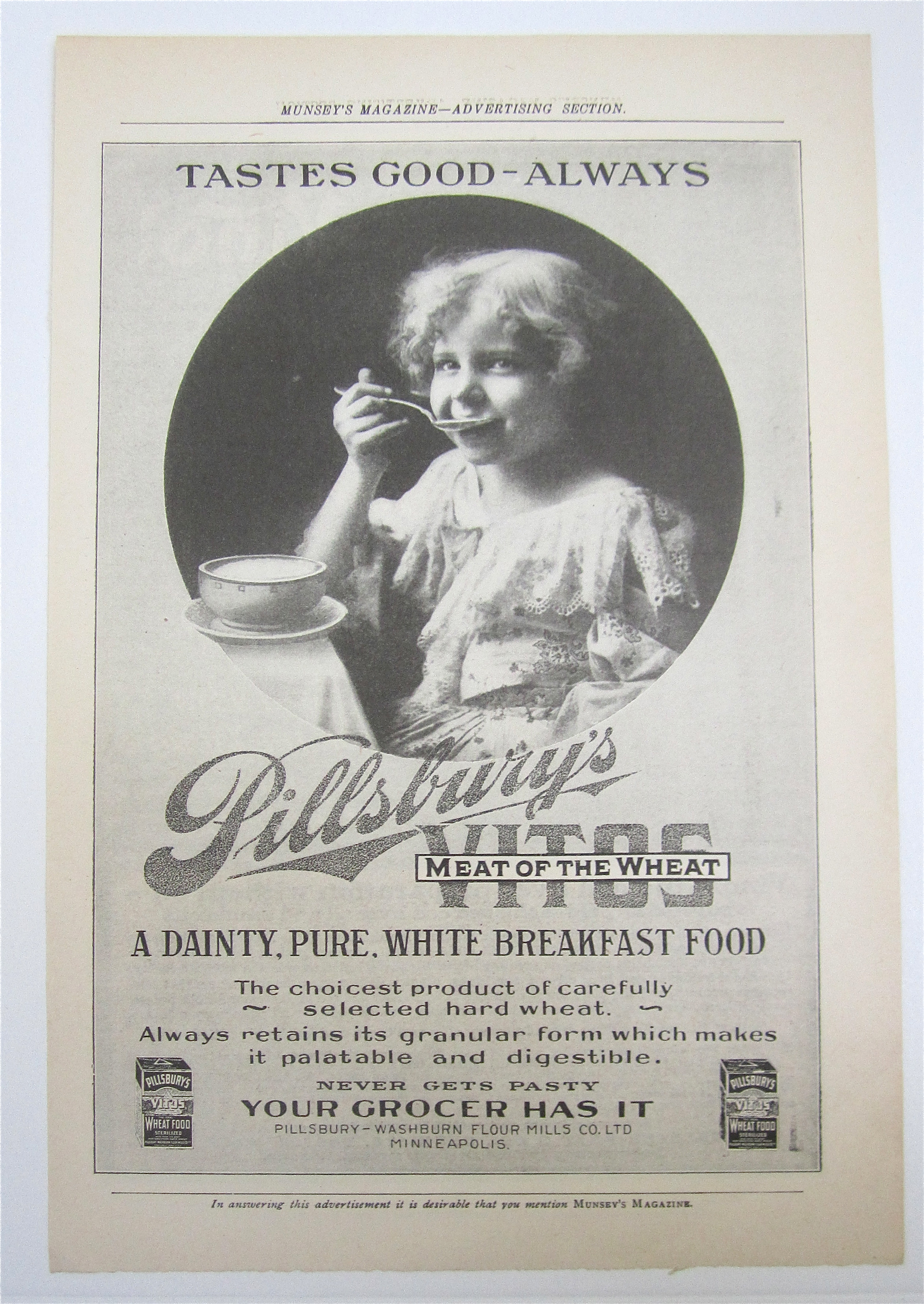 1905 Pillsbury's Vitos with Little Girl Eating A Bowl