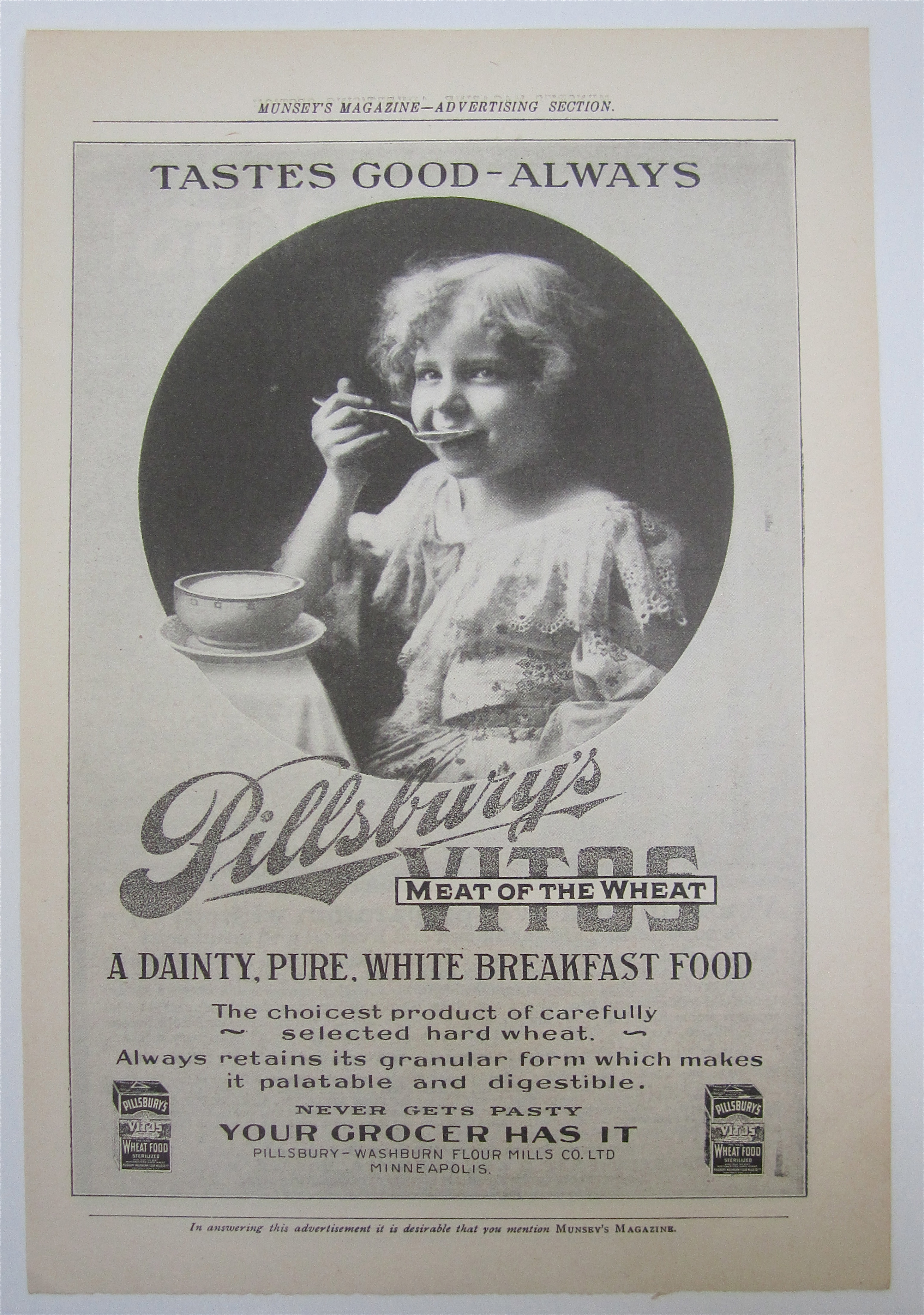 1905 Pillsbury's Vitos with Little Girl Eating A Bowl