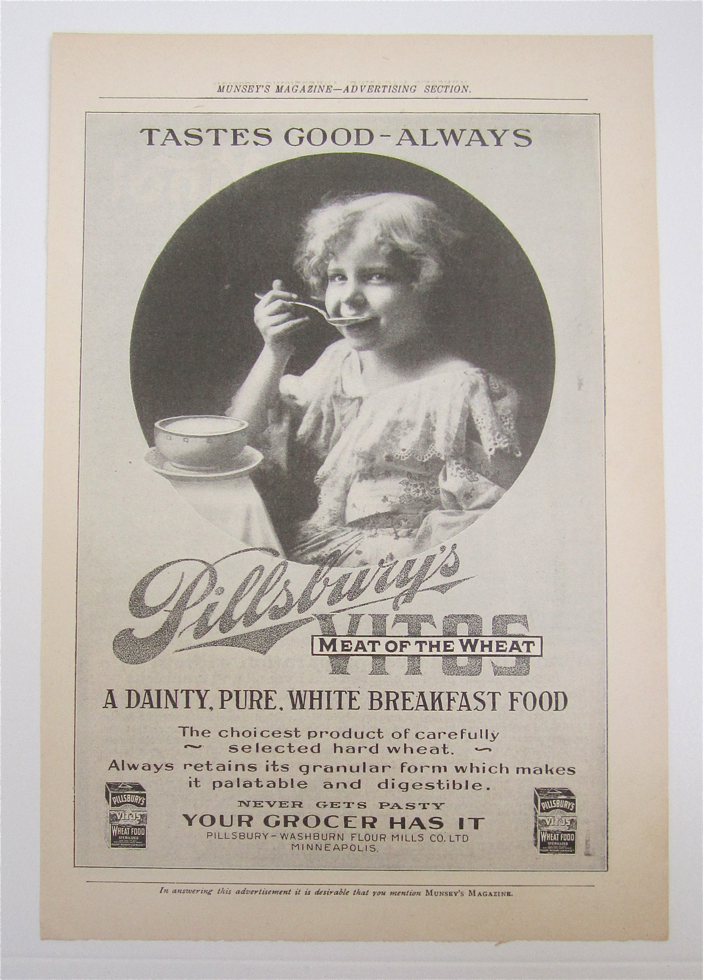 1905 Pillsbury's Vitos with Little Girl Eating A Bowl