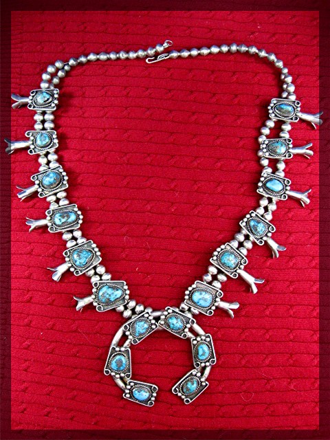 Native American Sterling Silver Turquoise Squash Blosso