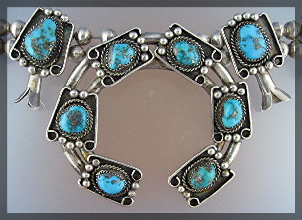 Native American Sterling Silver Turquoise Squash Blosso