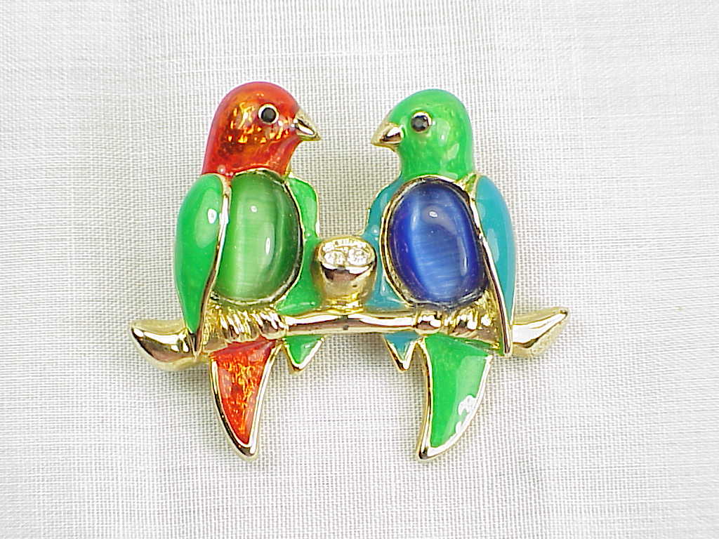 Enamel And Glass Moonstone Lovebirds Or Parrots Brooch