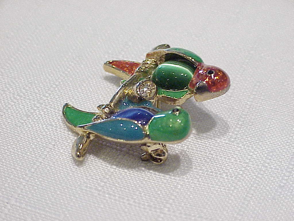 Enamel And Glass Moonstone Lovebirds Or Parrots Brooch