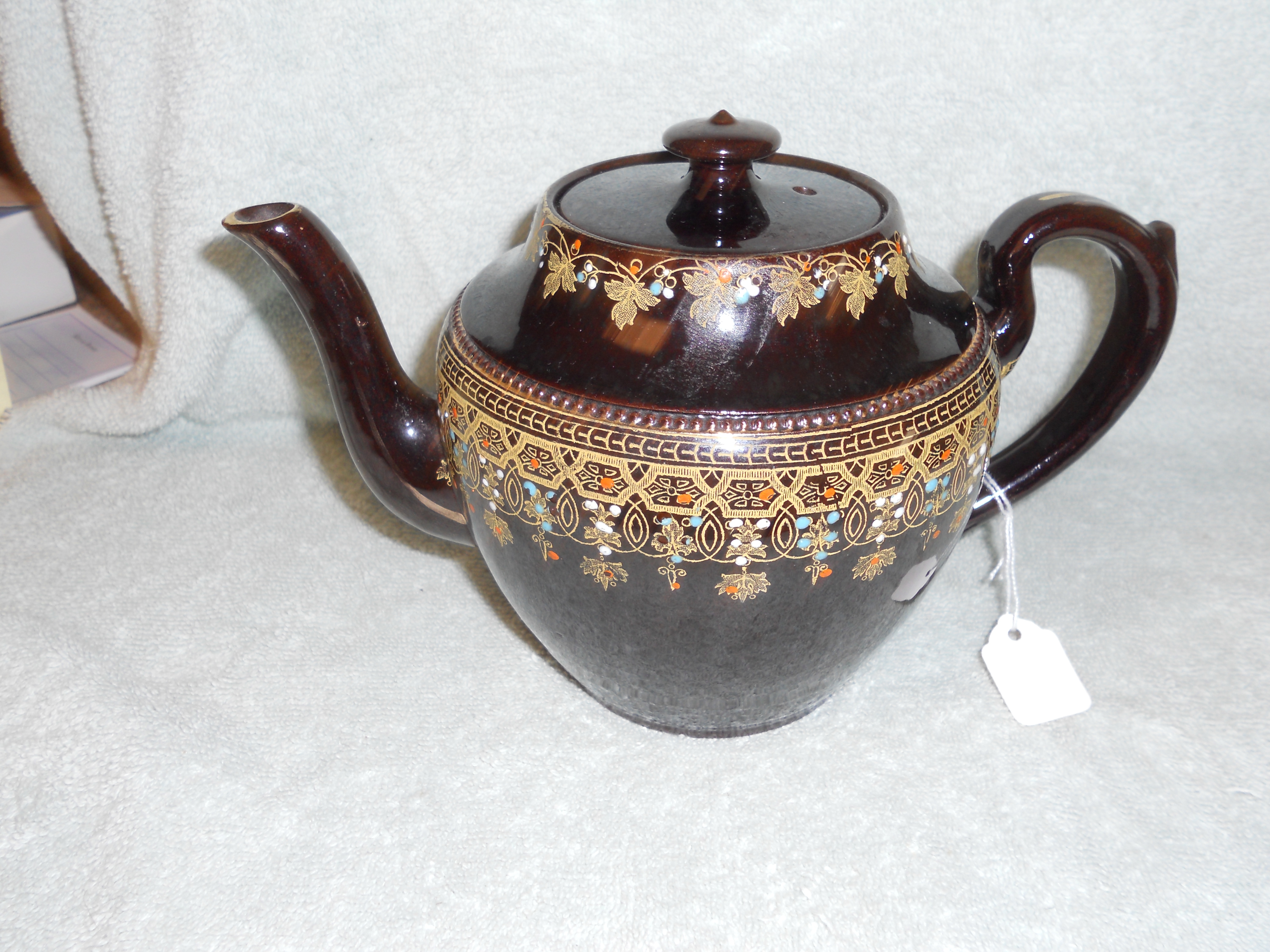 English Brown Teapot Hand Painted Red Clay