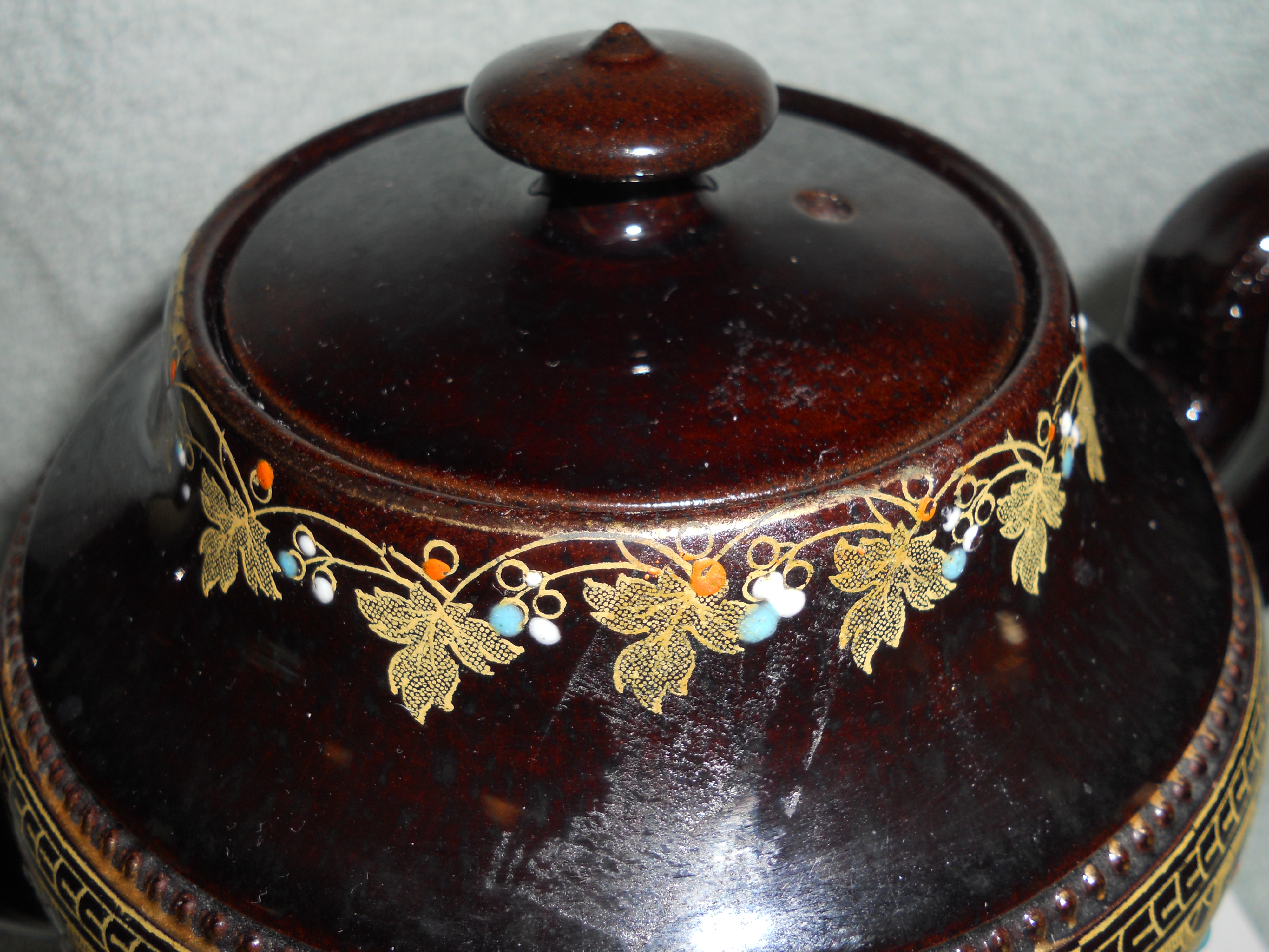 English Brown Teapot Hand Painted Red Clay