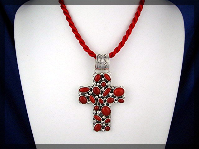 Navajo Mediterrfanean Coral Sterling Silver NAKAI Cross