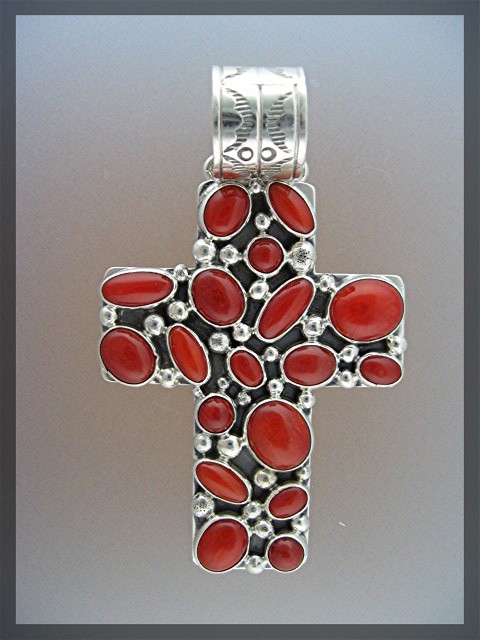 Navajo Mediterrfanean Coral Sterling Silver NAKAI Cross