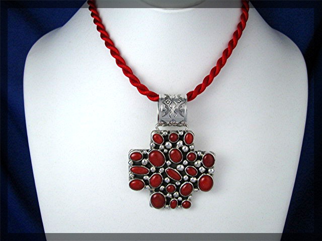 Native American Coral Sterling Silver Pendant Beatrice