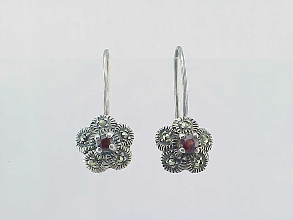 Dangling Sterling Silver, Garnet And Marcasite Pierced Earrings