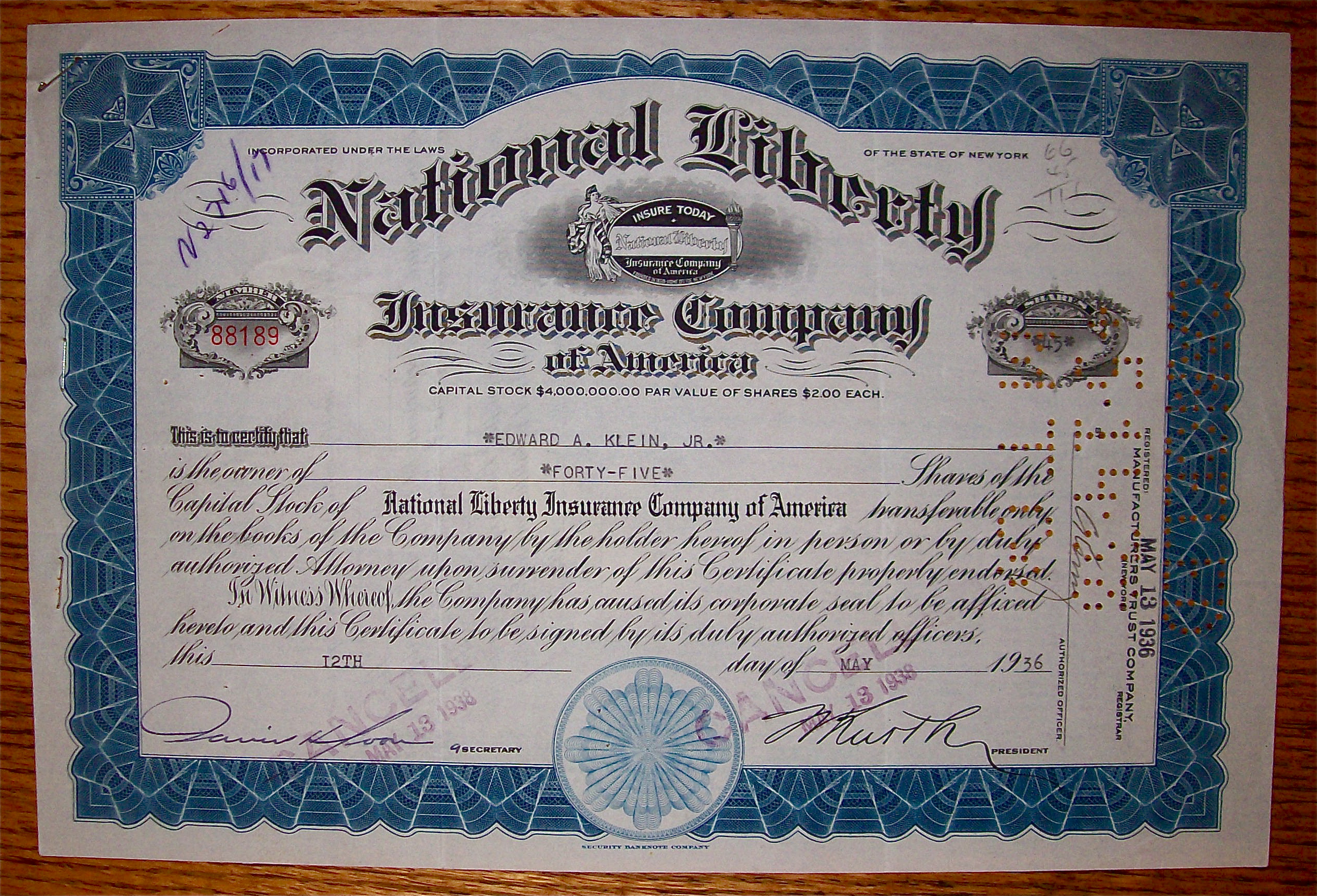 1936 National Liberty Insurance Co Stock Certificate