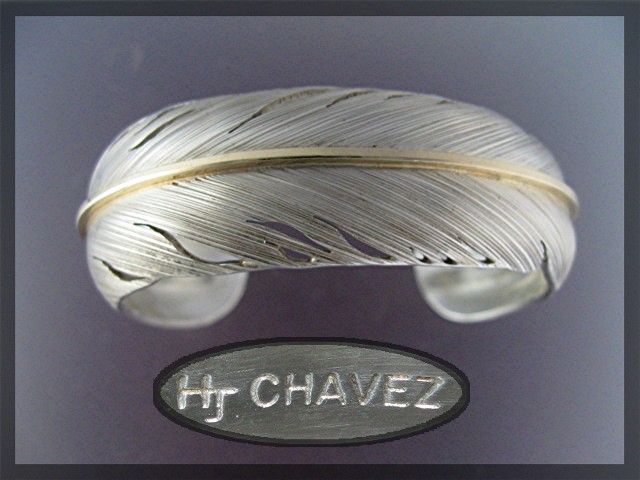 Navajo 14K Gold Sterling Silver Feather H CHAVEZ Cuff