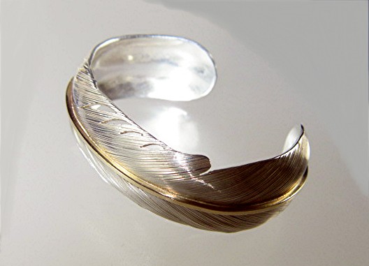 Navajo 14K Gold Sterling Silver Feather H CHAVEZ Cuff