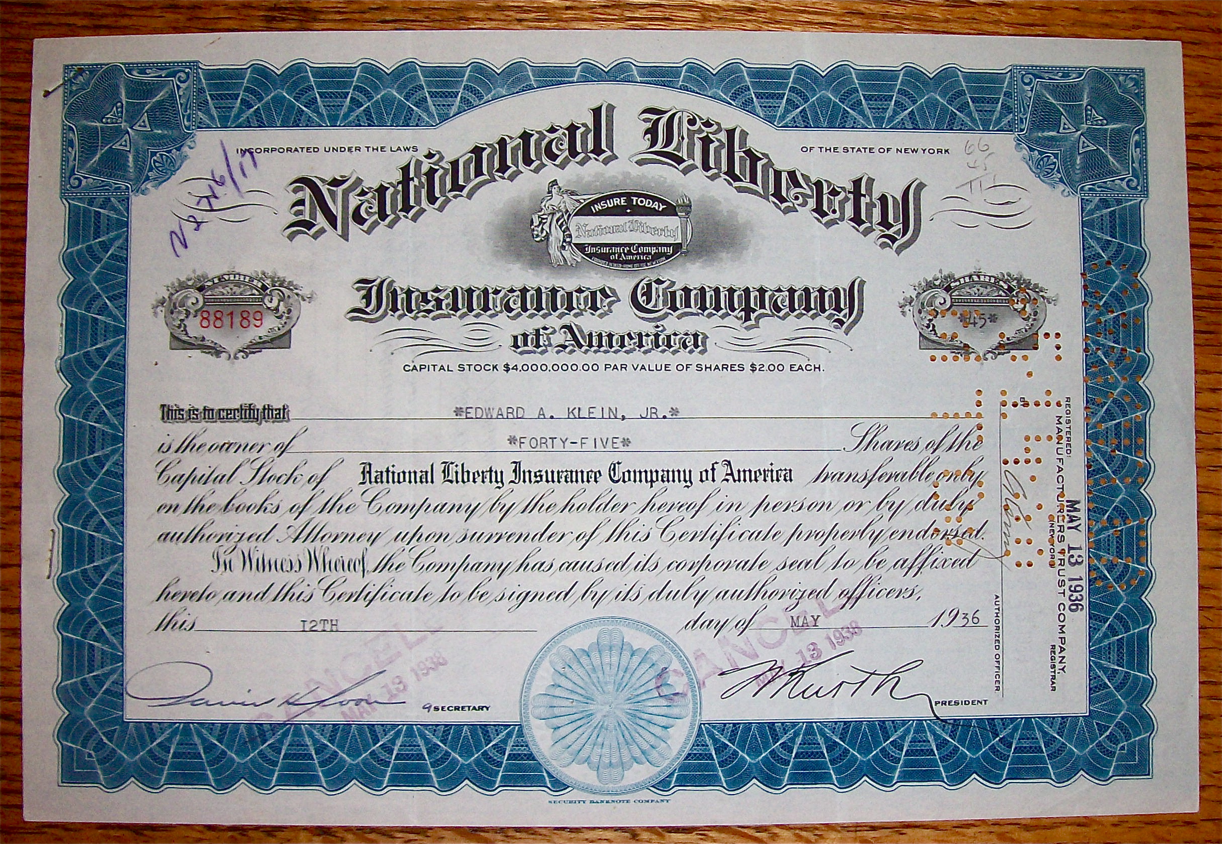 1936 National Liberty Insurance Co Stock Certificate