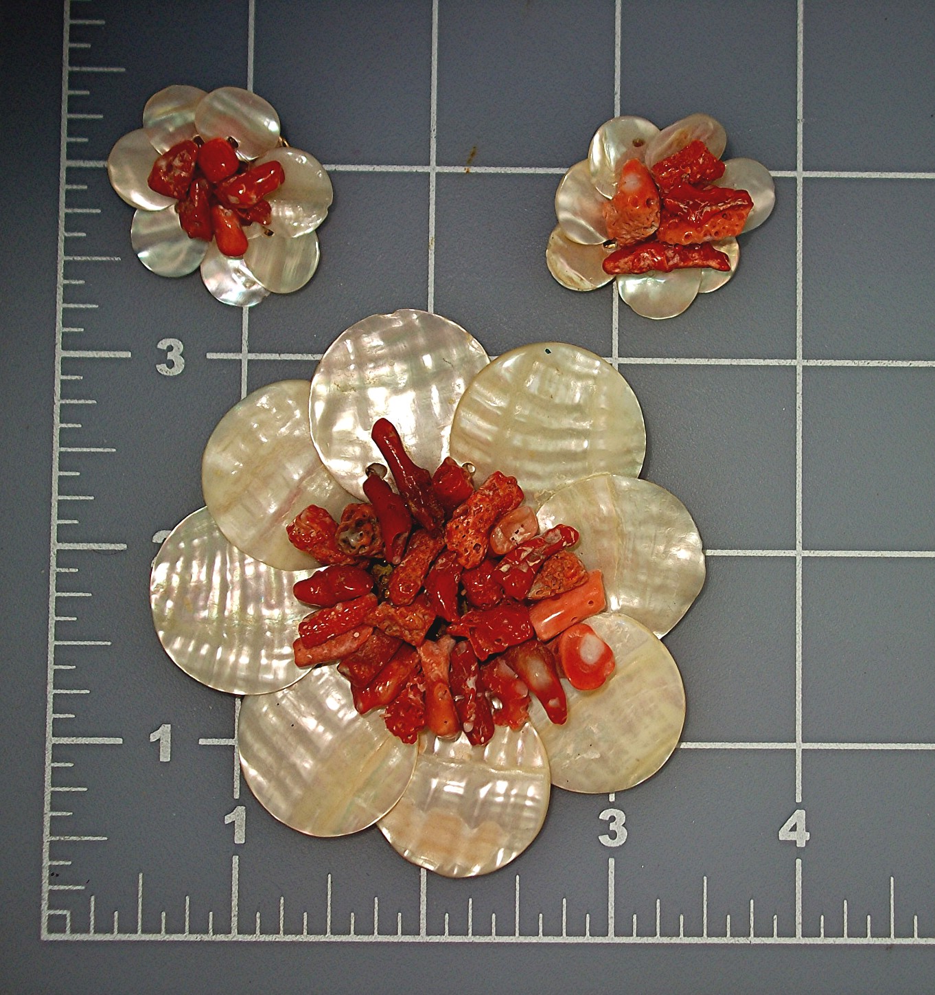 Brooch and Earrings Coral Mother of Pearl Vintage Hawai