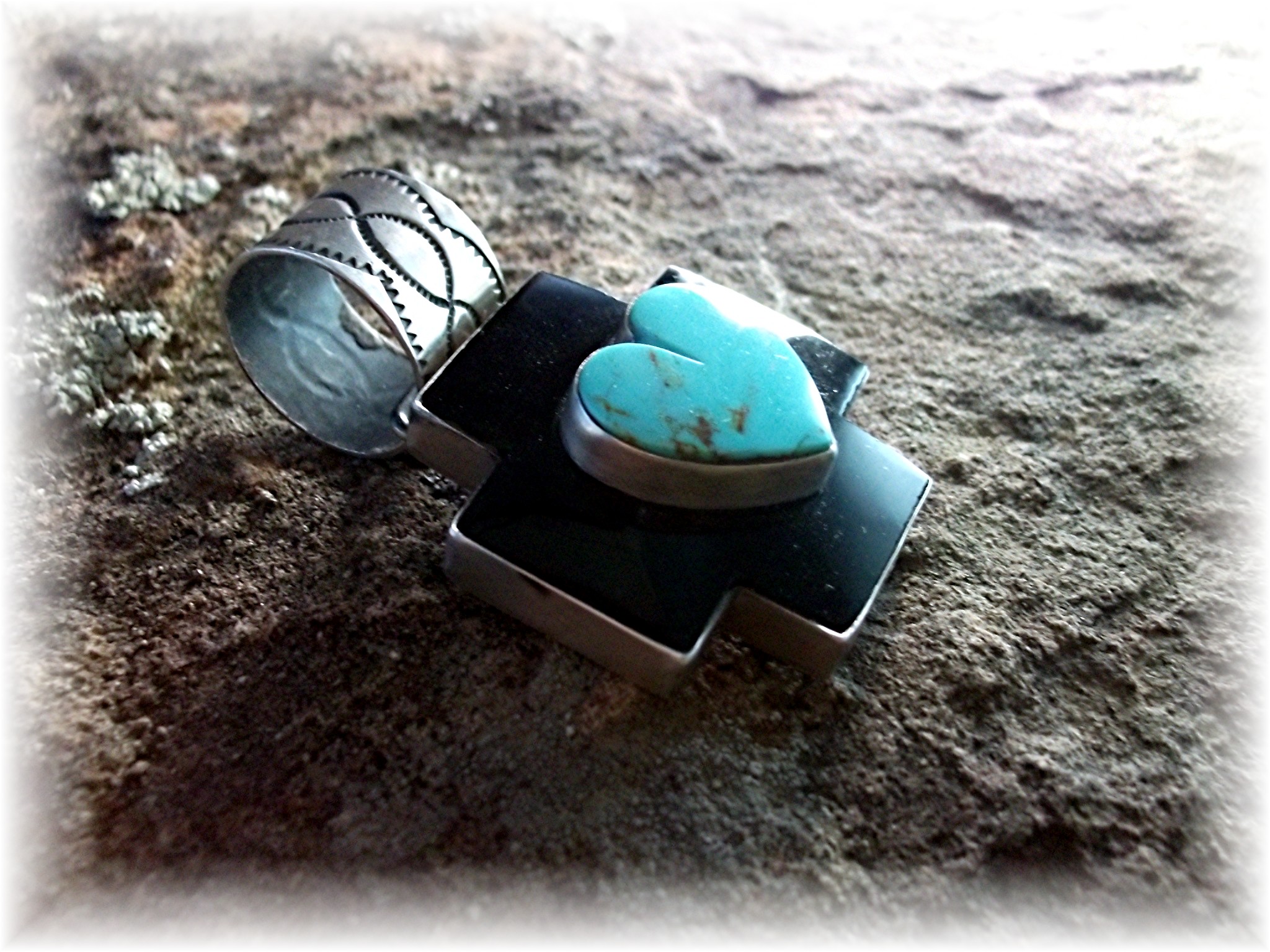 Dan Dodson Sterling Silver Onyx Turquoise Heart Cross