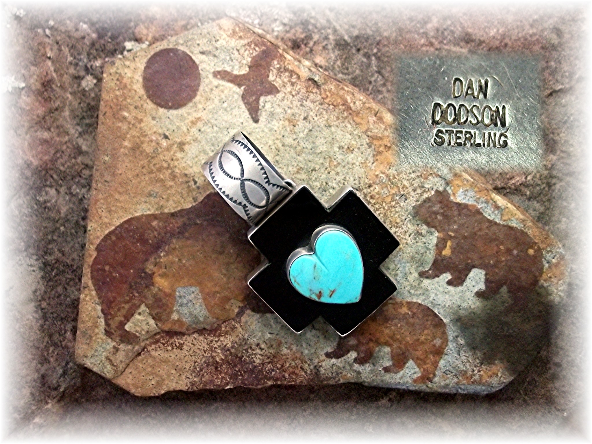 Dan Dodson Sterling Silver Onyx Turquoise Heart Cross