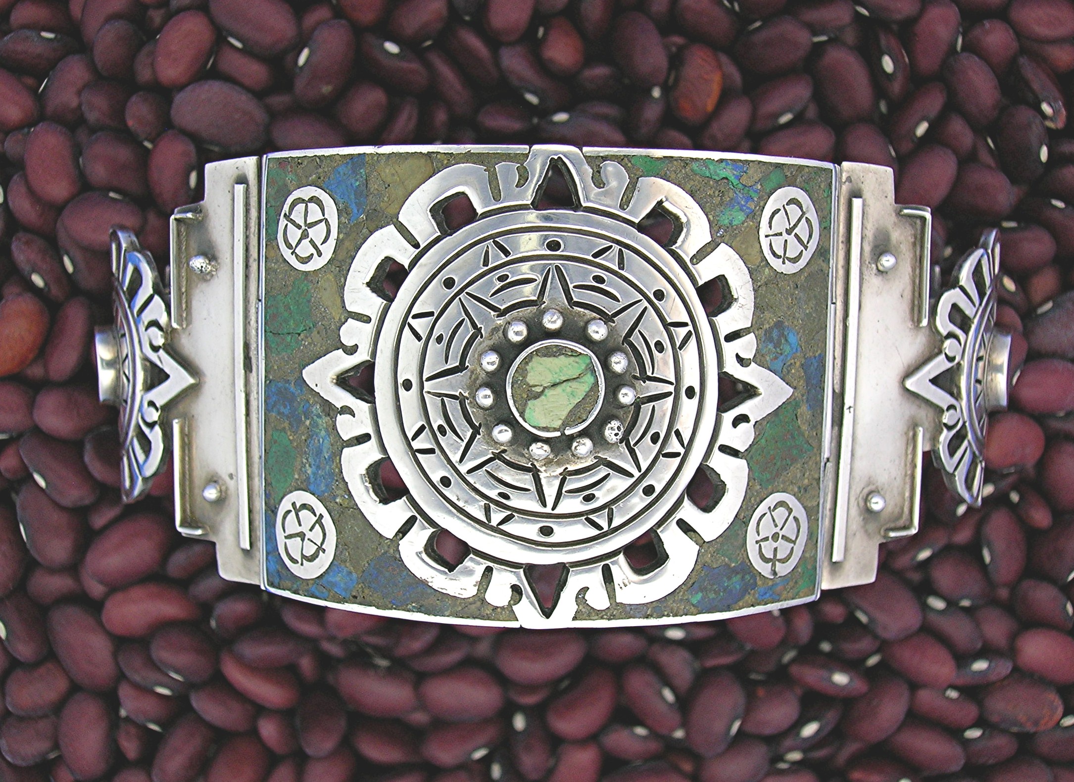 Taxco Mexico Sterling Silver Inlay bracelet Push Clasp