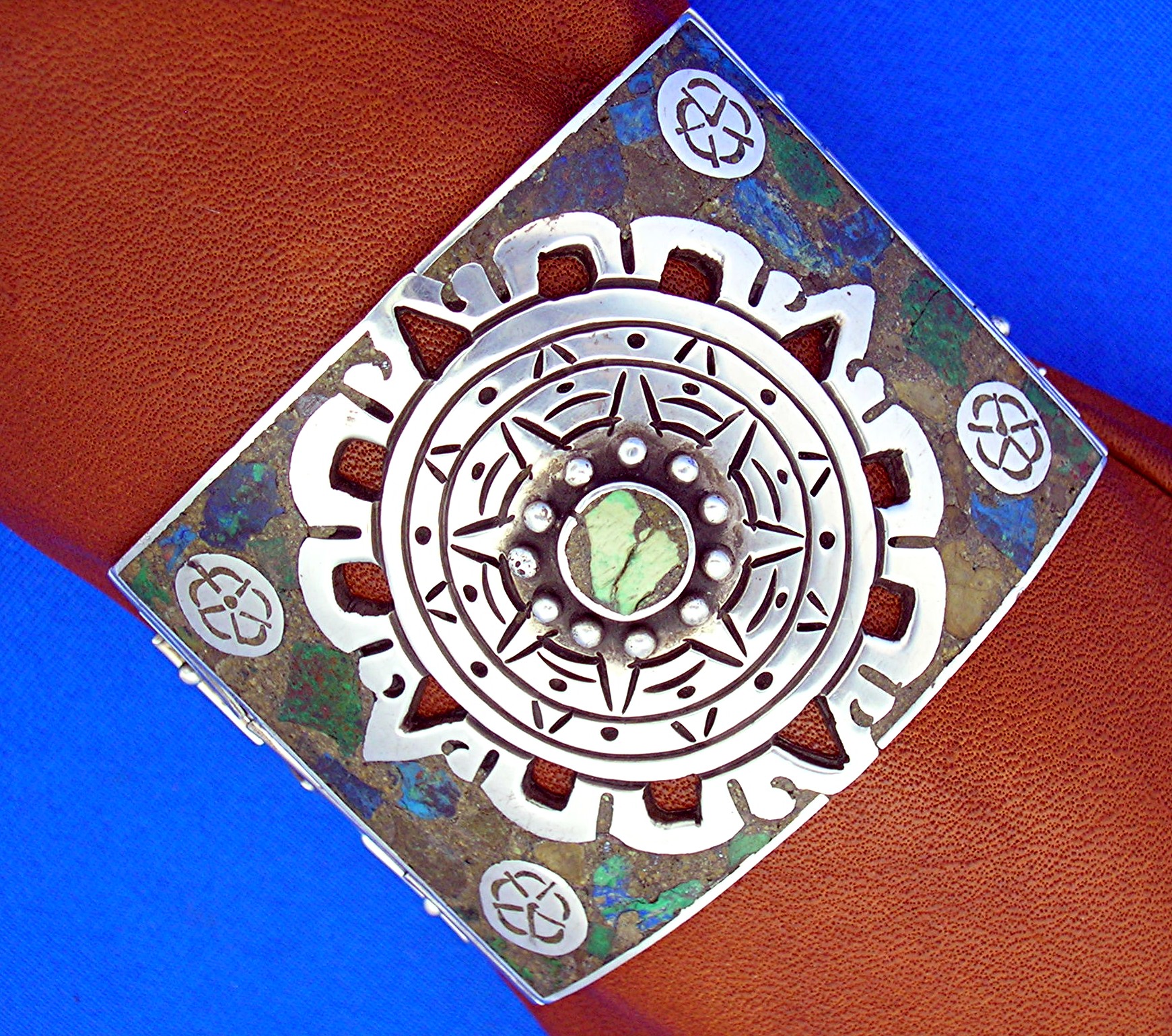 Taxco Mexico Sterling Silver Inlay bracelet Push Clasp