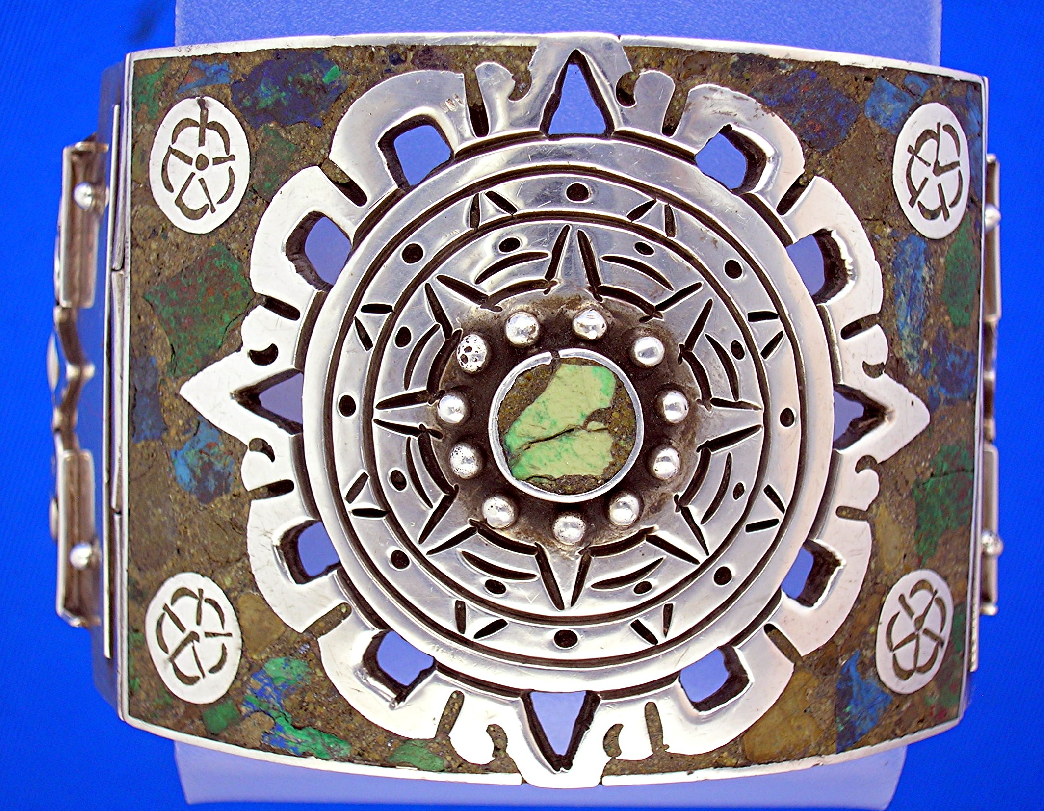Taxco Mexico Sterling Silver Inlay bracelet Push Clasp
