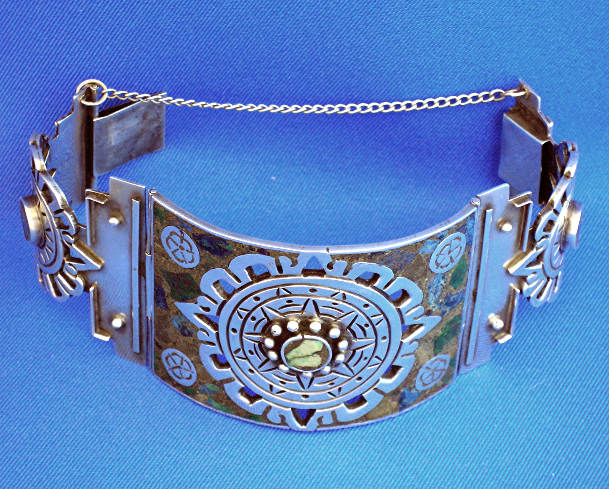 Taxco Mexico Sterling Silver Inlay bracelet Push Clasp