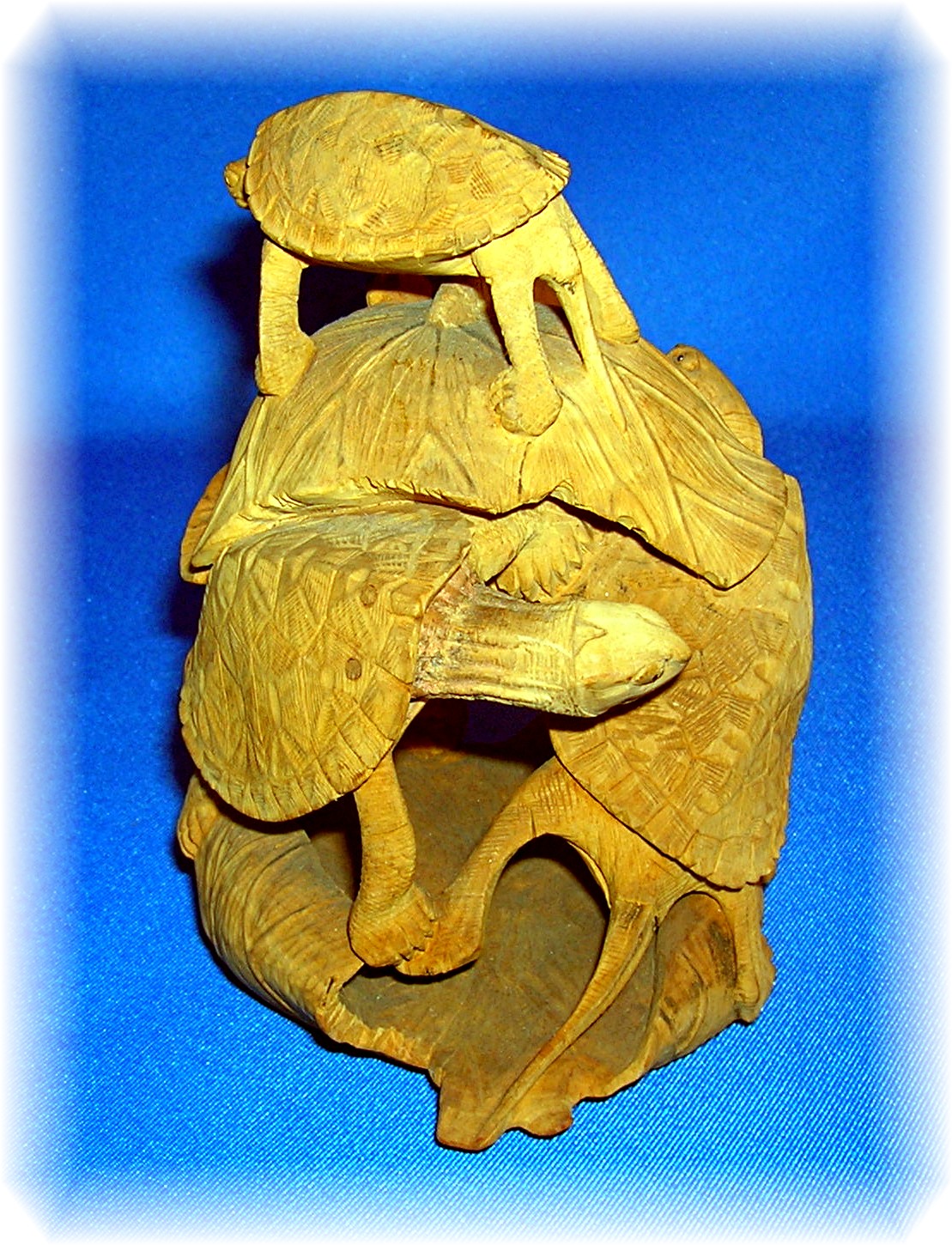 Signed Wooden Oriental Multi Turtle Carving