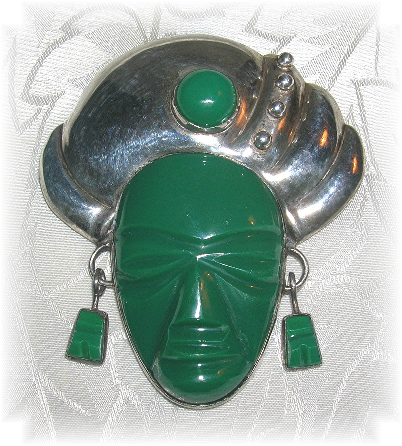 Mexican Vintage Sterling Silver And Jade Brooch