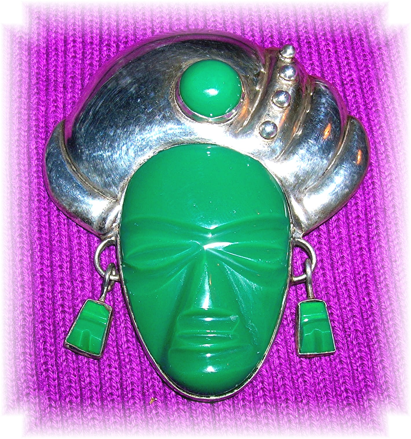 Mexican Vintage Sterling Silver And Jade Brooch