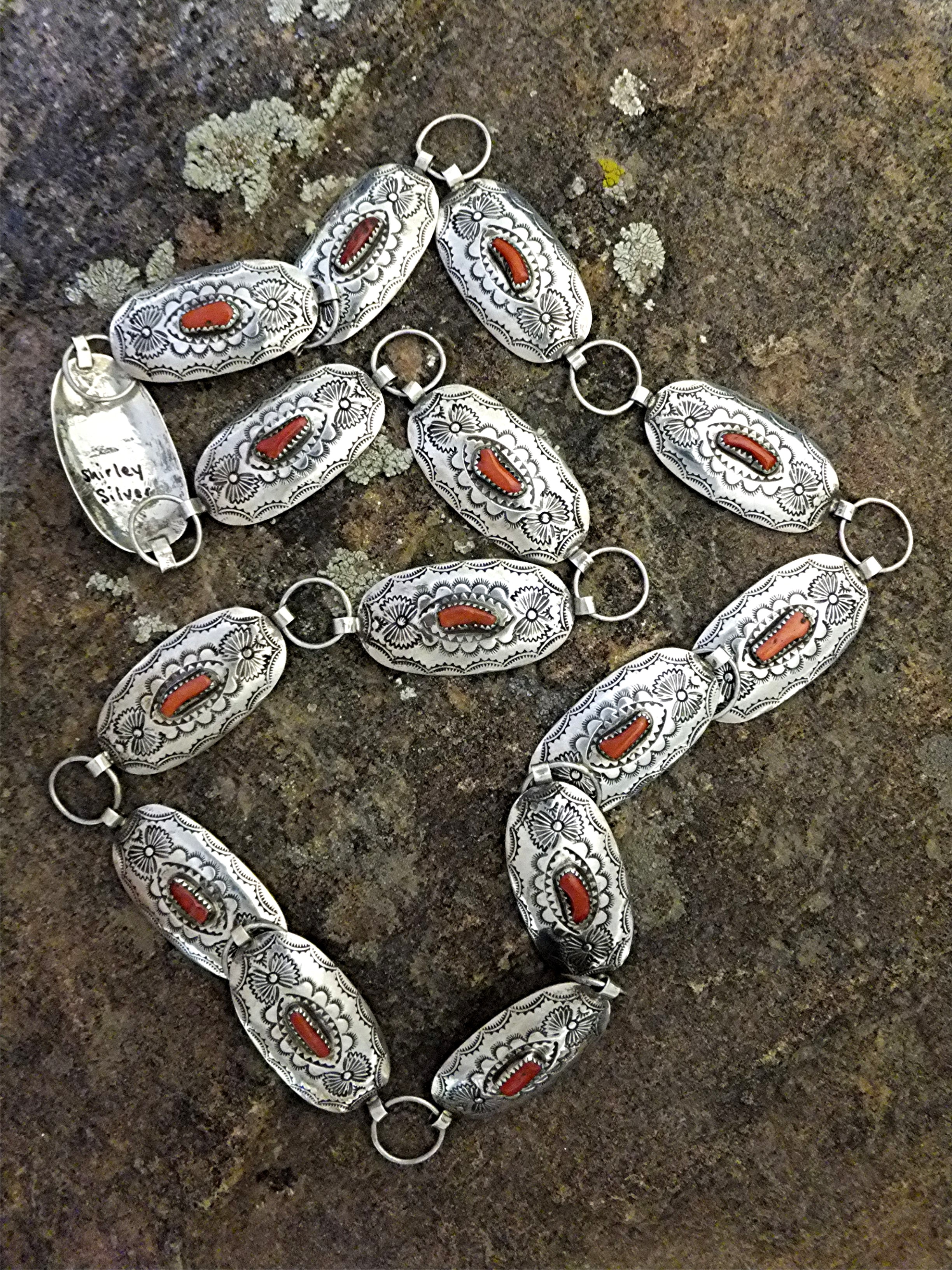 Native American Belt Sterling Silver Coral By Shirley S