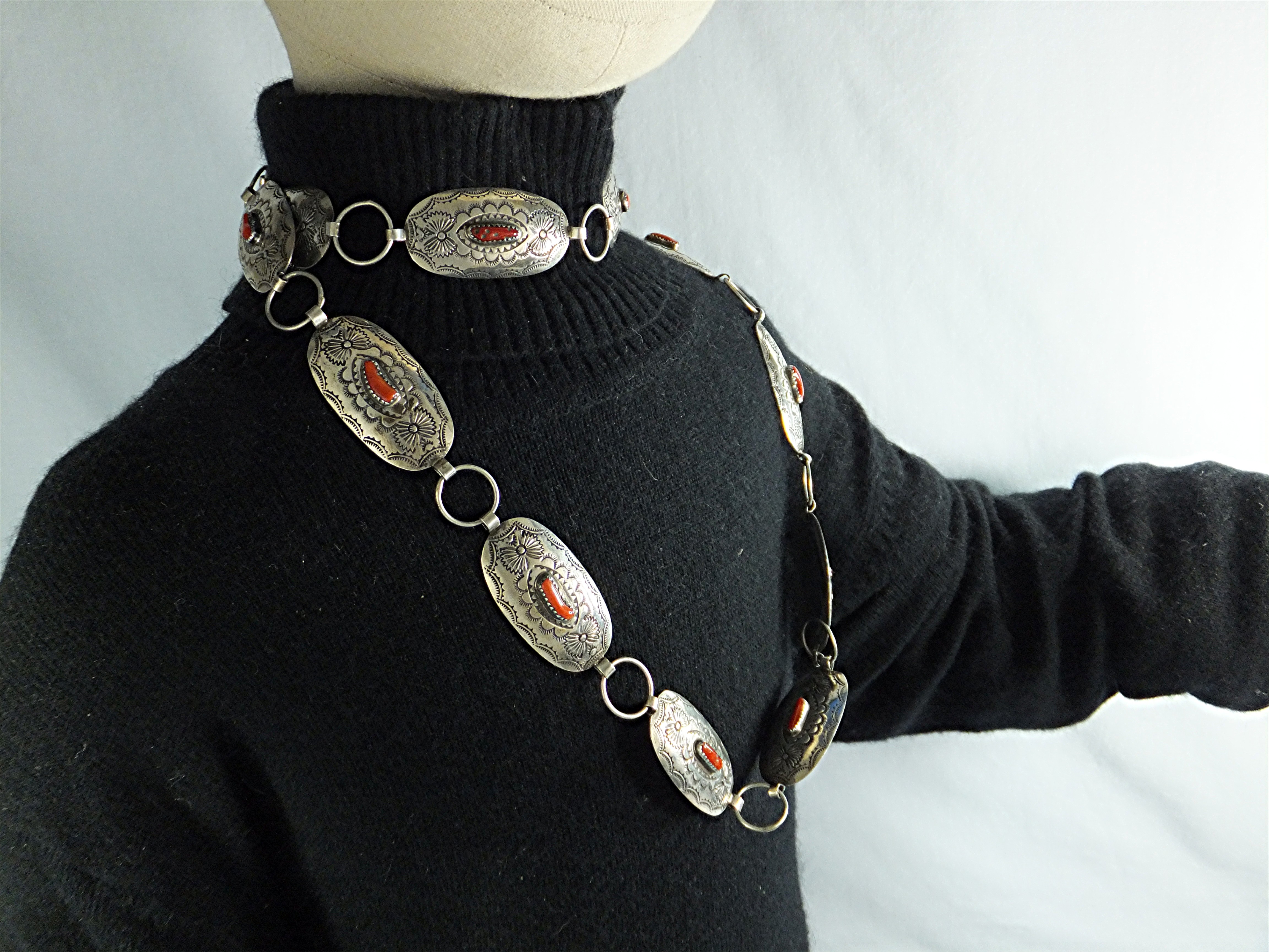 Native American Belt Sterling Silver Coral By Shirley S