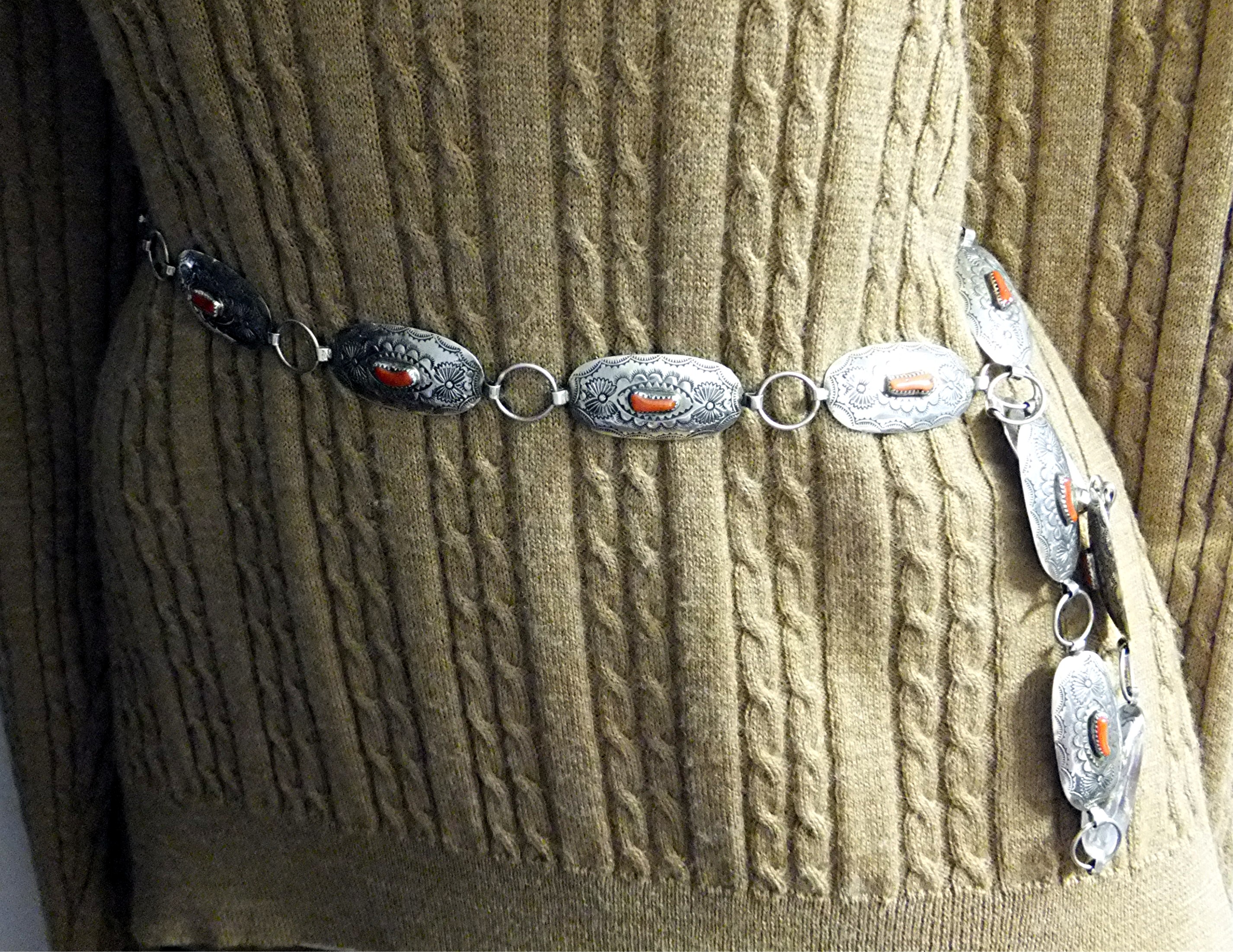 Native American Belt Sterling Silver Coral By Shirley S