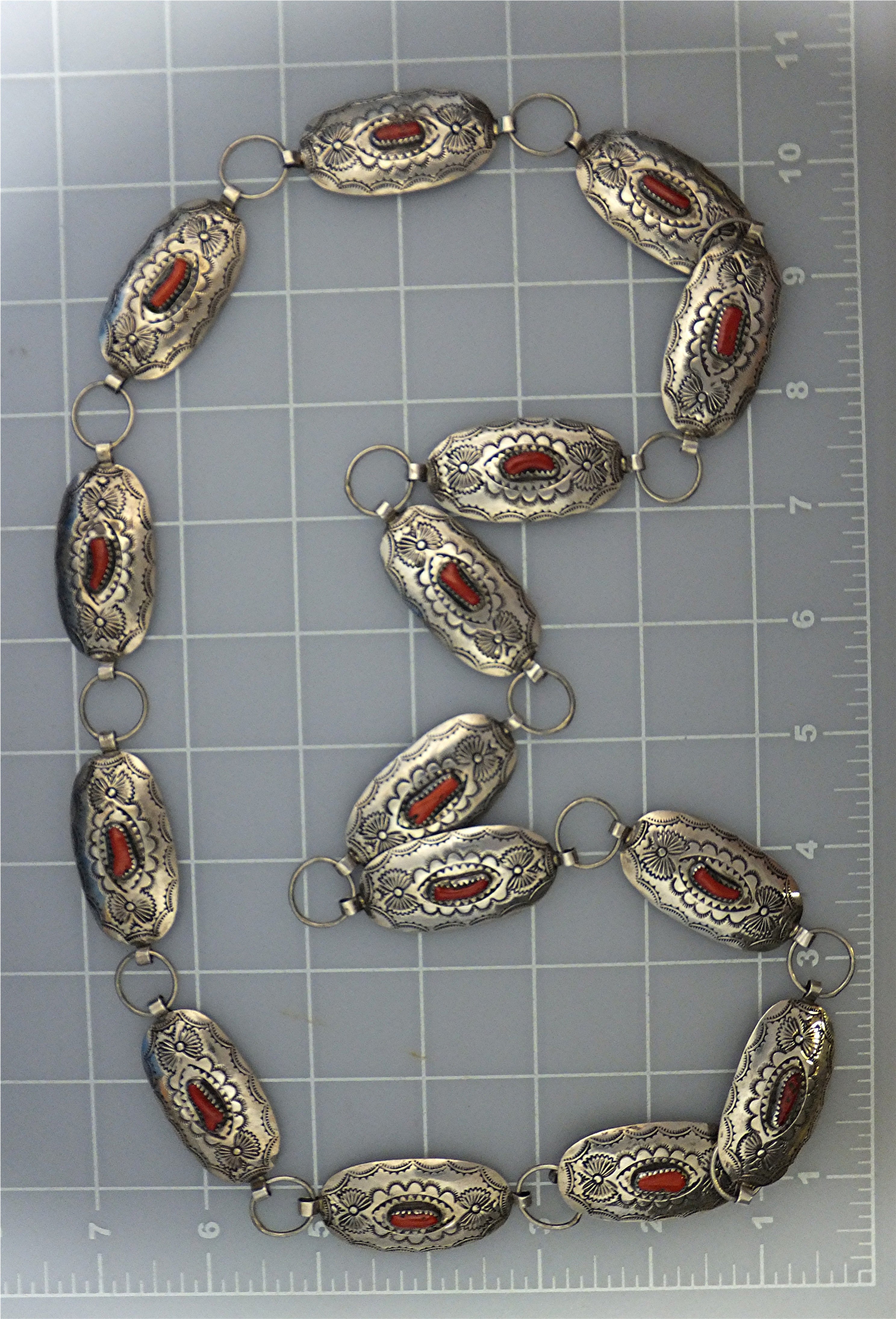 Native American Belt Sterling Silver Coral By Shirley S