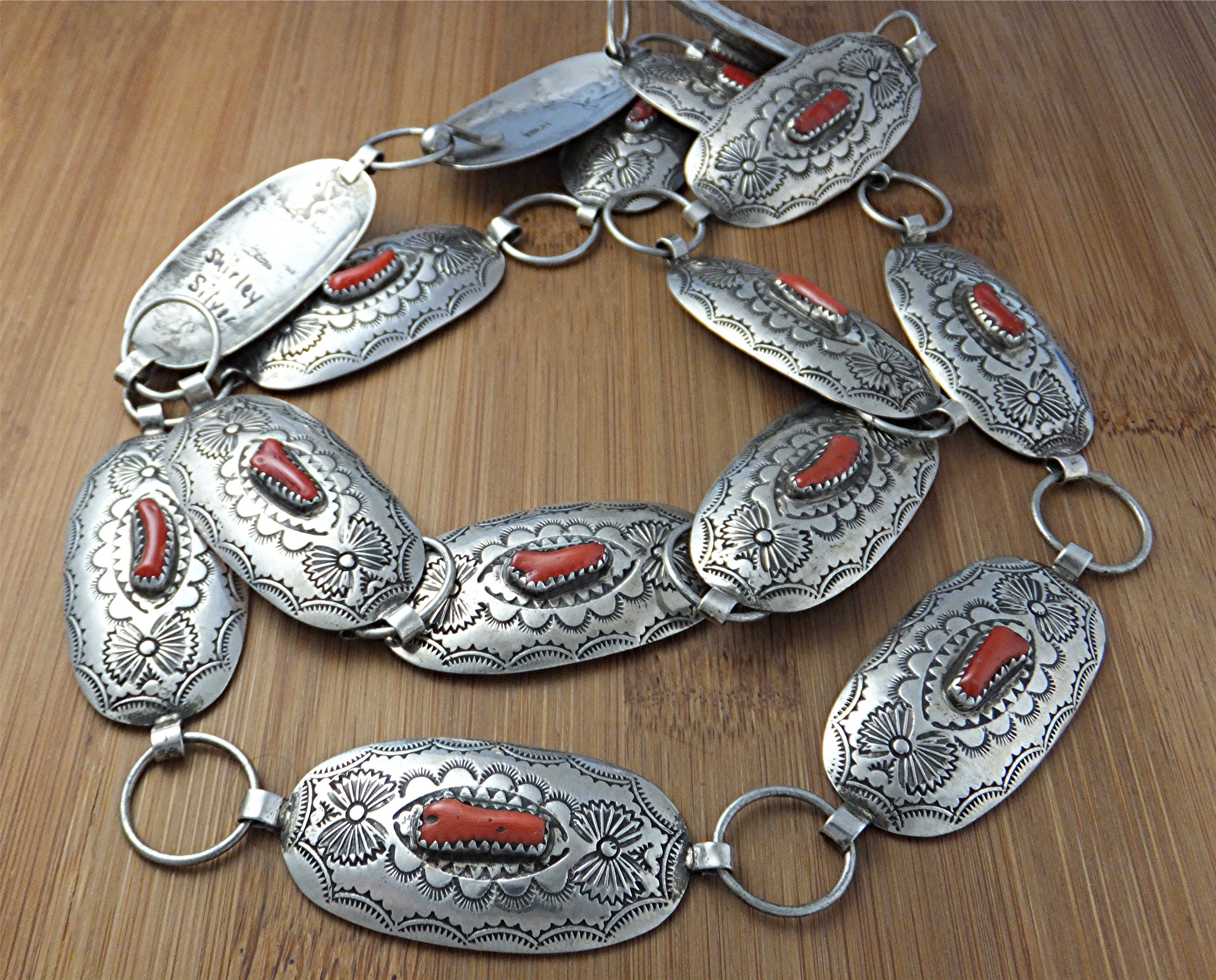 Native American Belt Sterling Silver Coral By Shirley S