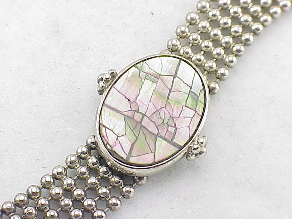 5 Row Silver Bead Bracelet With Inlaid Abalone