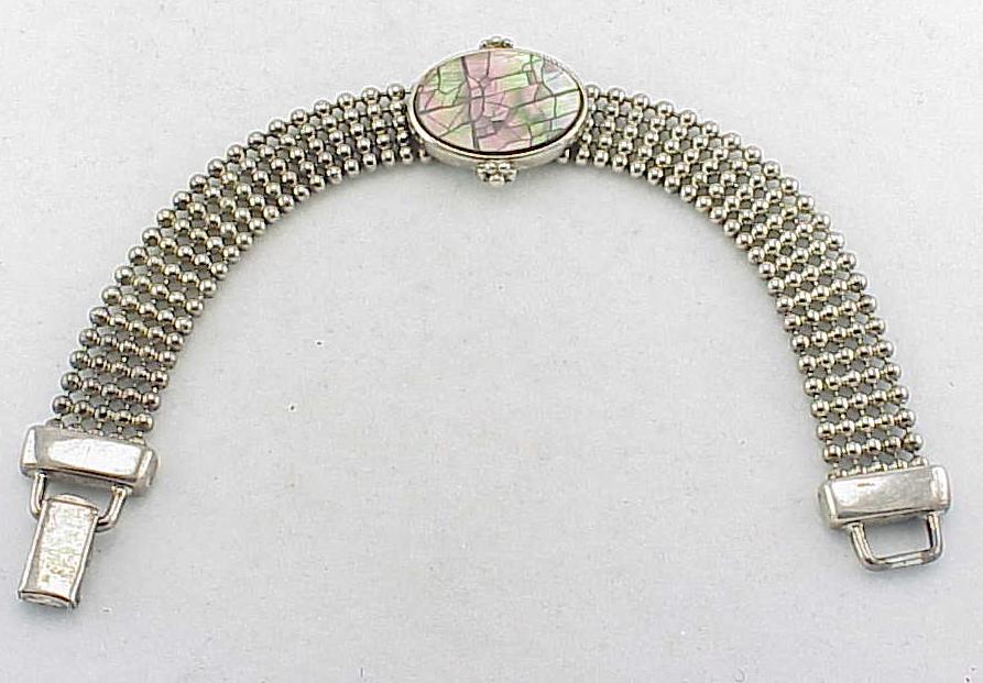 5 Row Silver Bead Bracelet With Inlaid Abalone