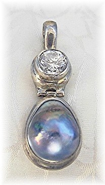 Bezel Set Sterling Silver CZ & Blue Pearl Pendant