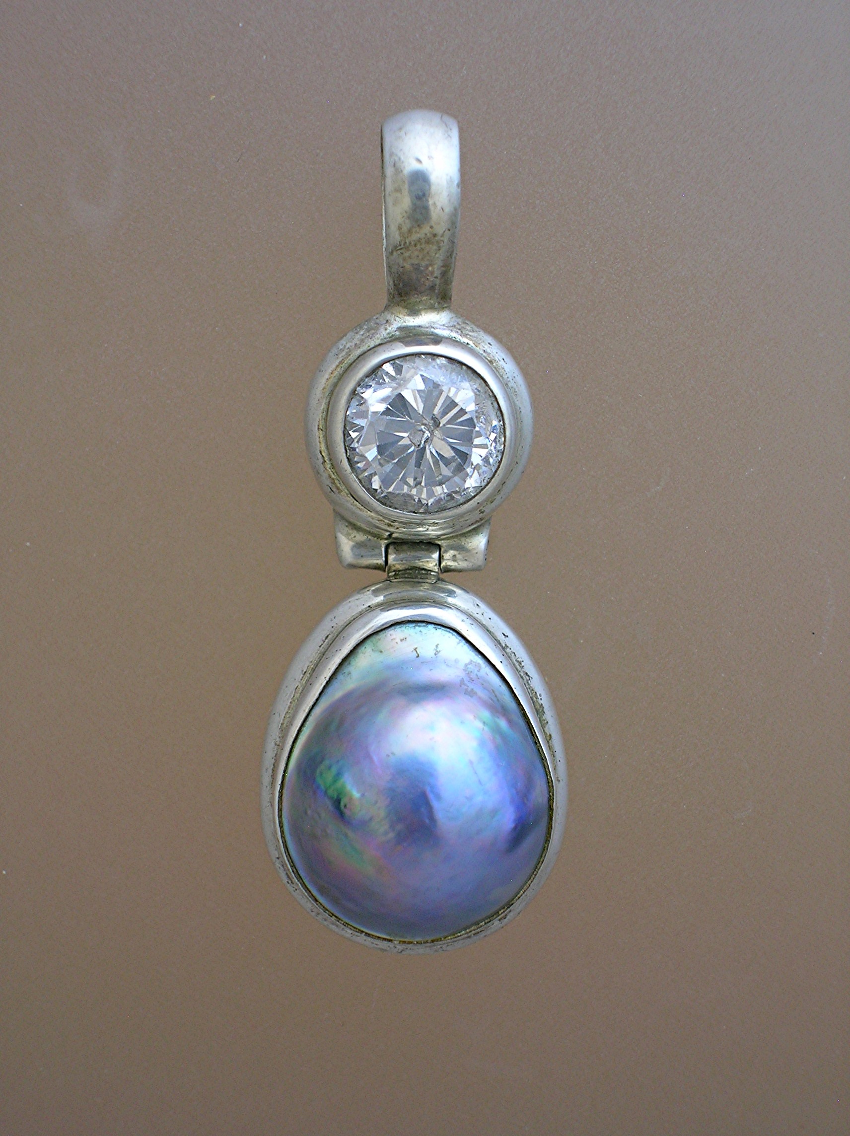 Bezel Set Sterling Silver CZ & Blue Pearl Pendant