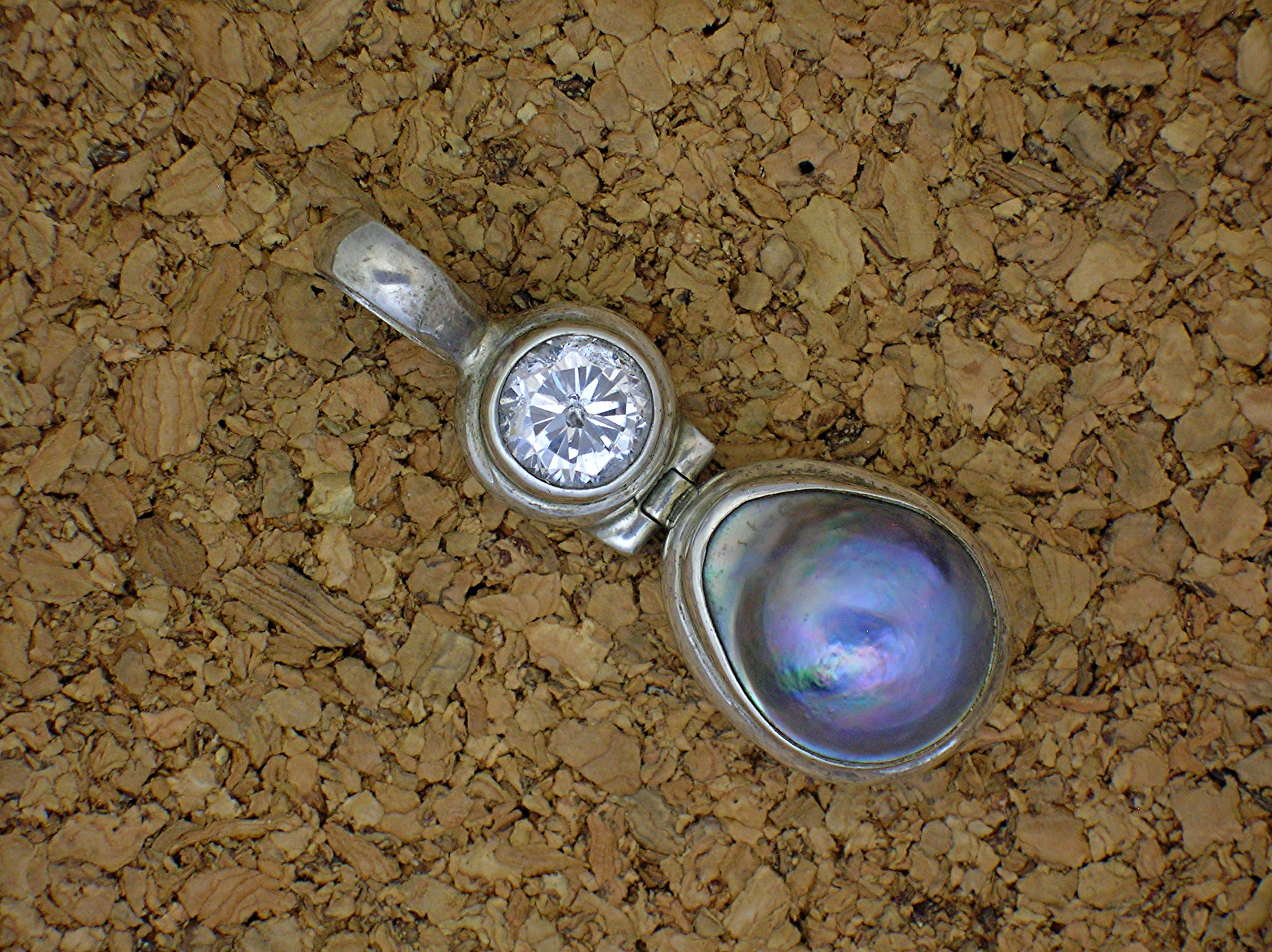 Bezel Set Sterling Silver CZ & Blue Pearl Pendant
