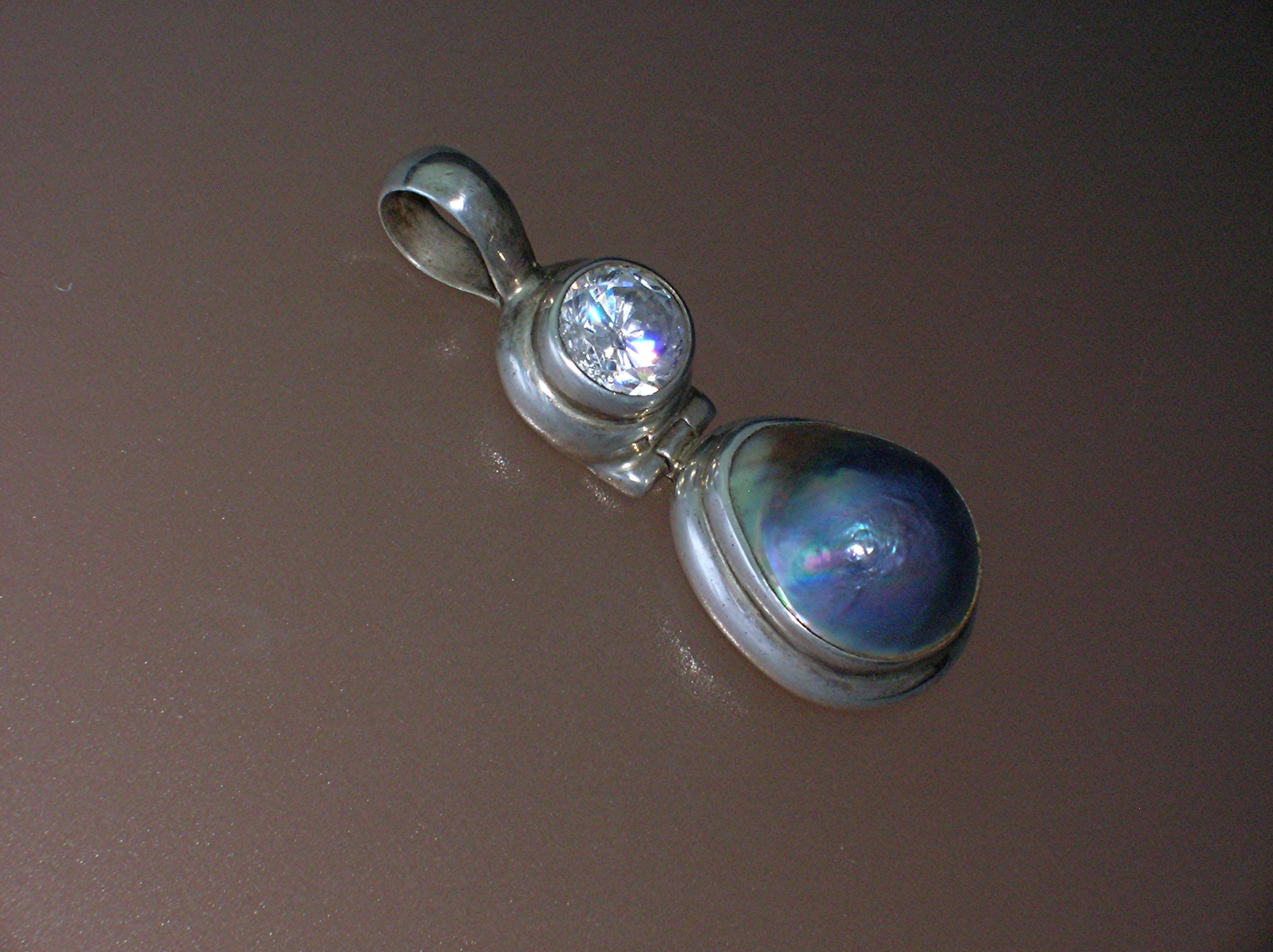 Bezel Set Sterling Silver CZ & Blue Pearl Pendant