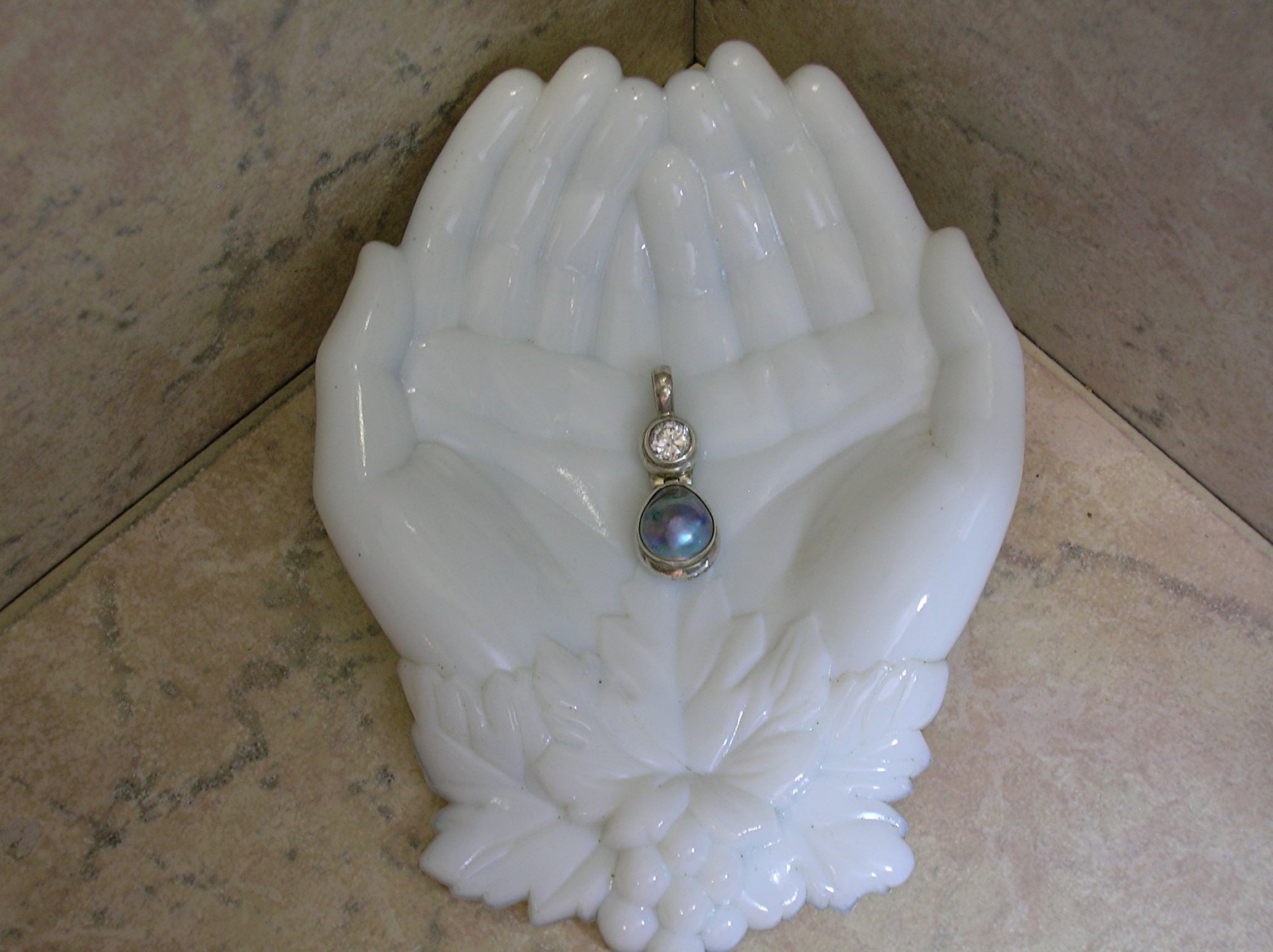 Bezel Set Sterling Silver CZ & Blue Pearl Pendant