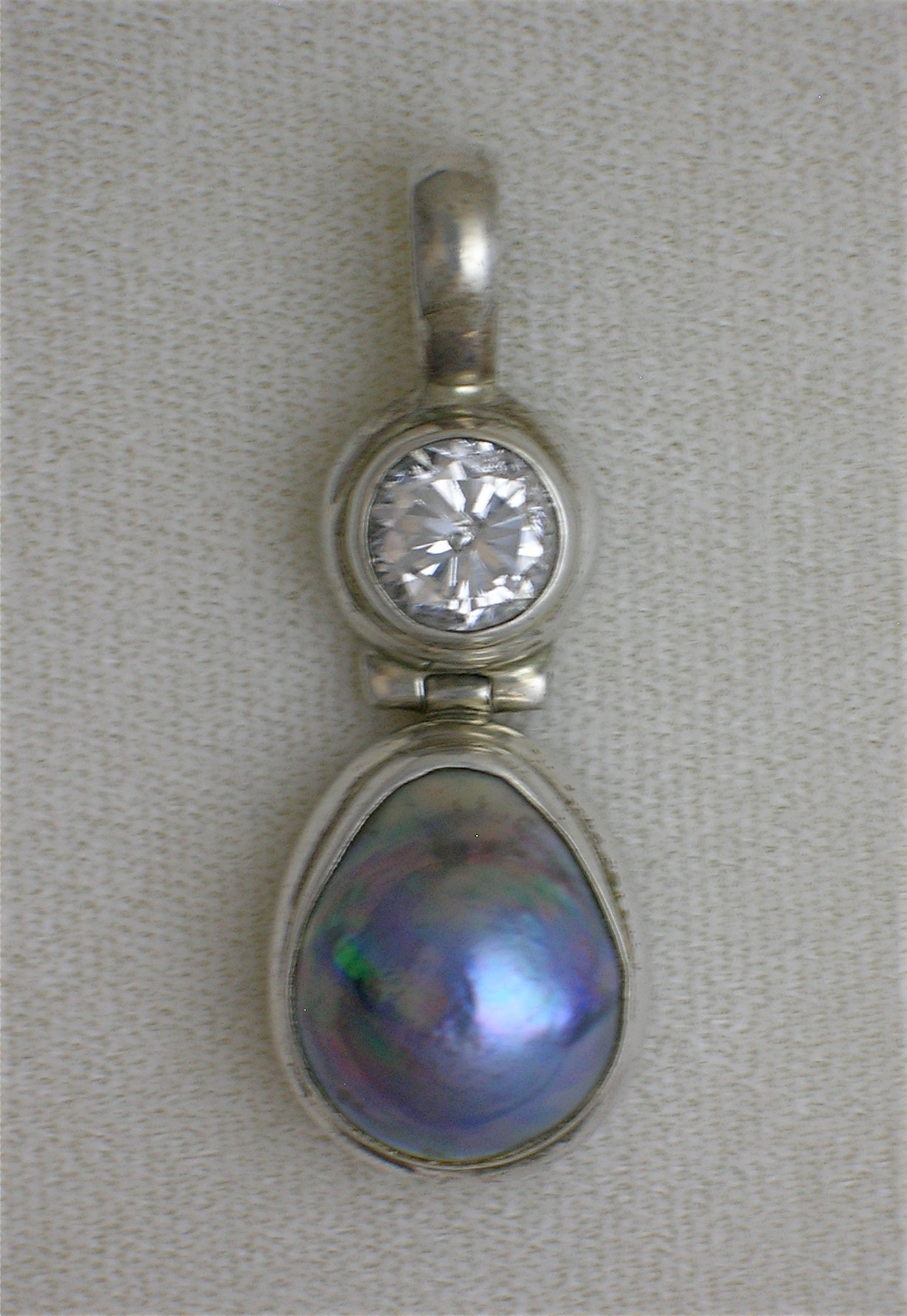 Bezel Set Sterling Silver CZ & Blue Pearl Pendant