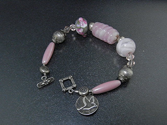 Sterling Silver Artist Pink Art Glass Crystal Bracelet