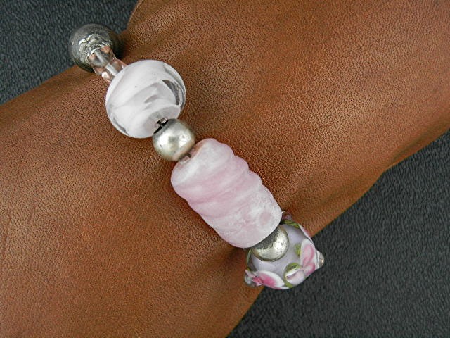 Sterling Silver Artist Pink Art Glass Crystal Bracelet