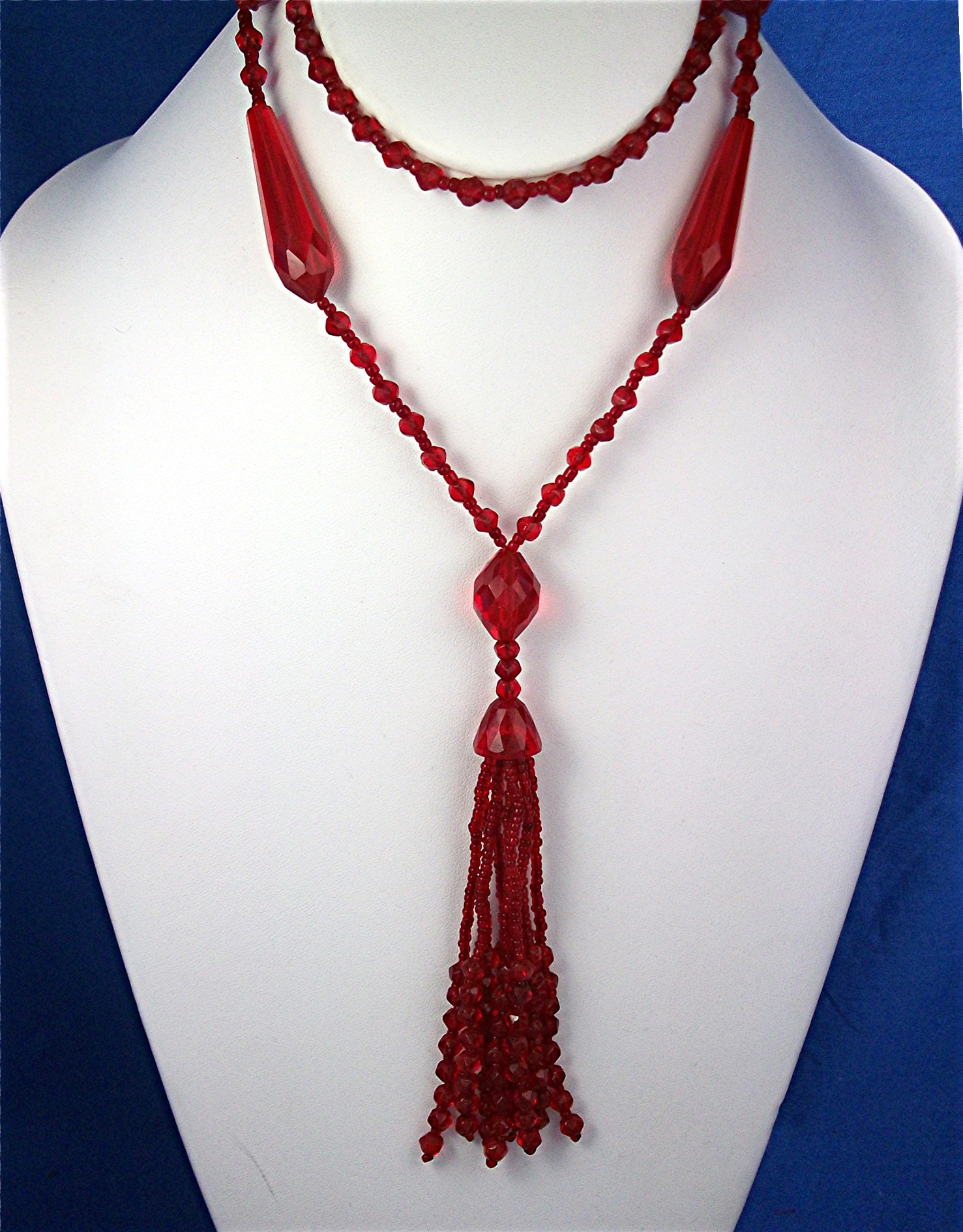 Necklace Red Glass Tassle Flapper Style