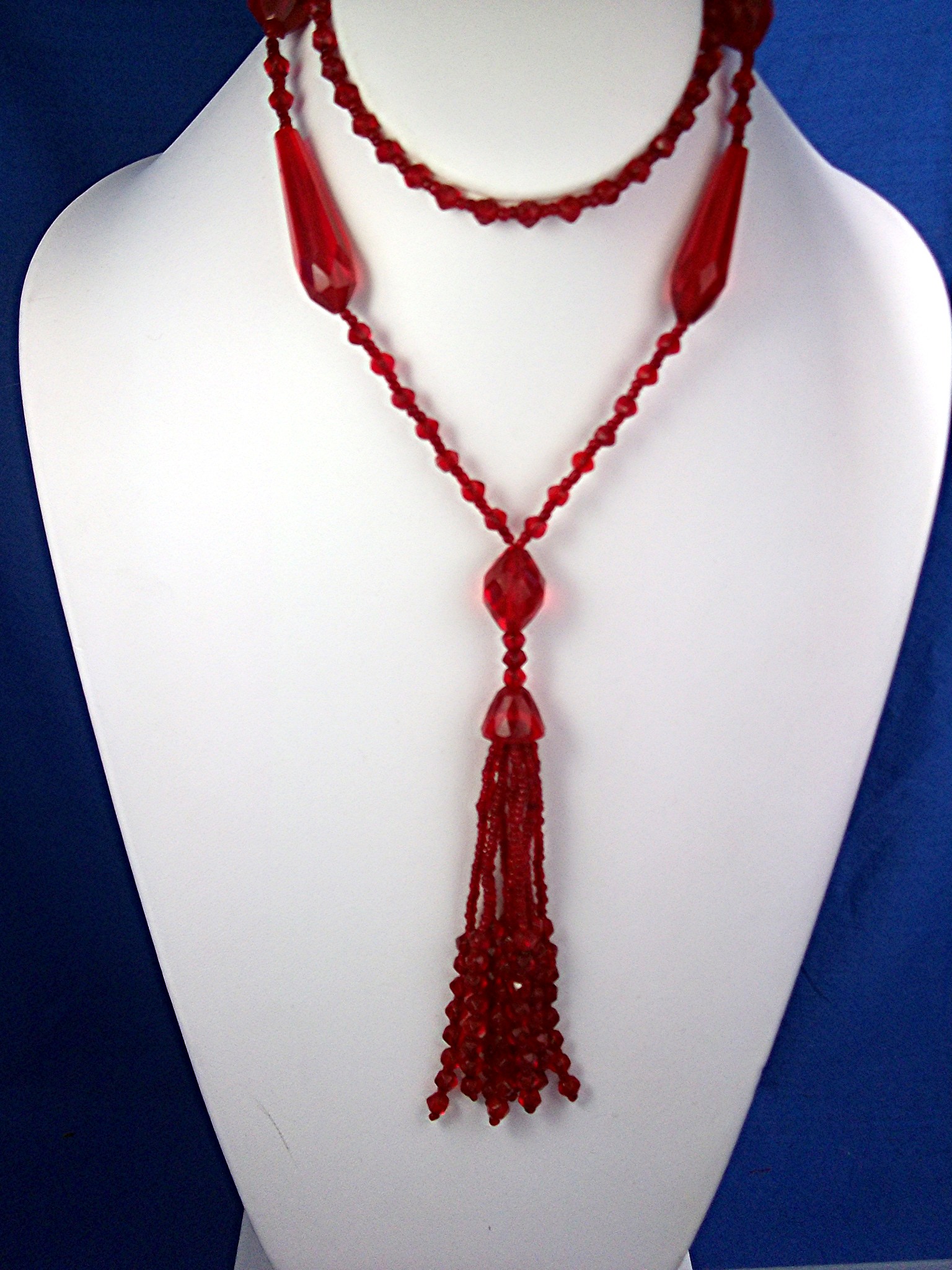 Necklace Red Glass Tassle Flapper Style