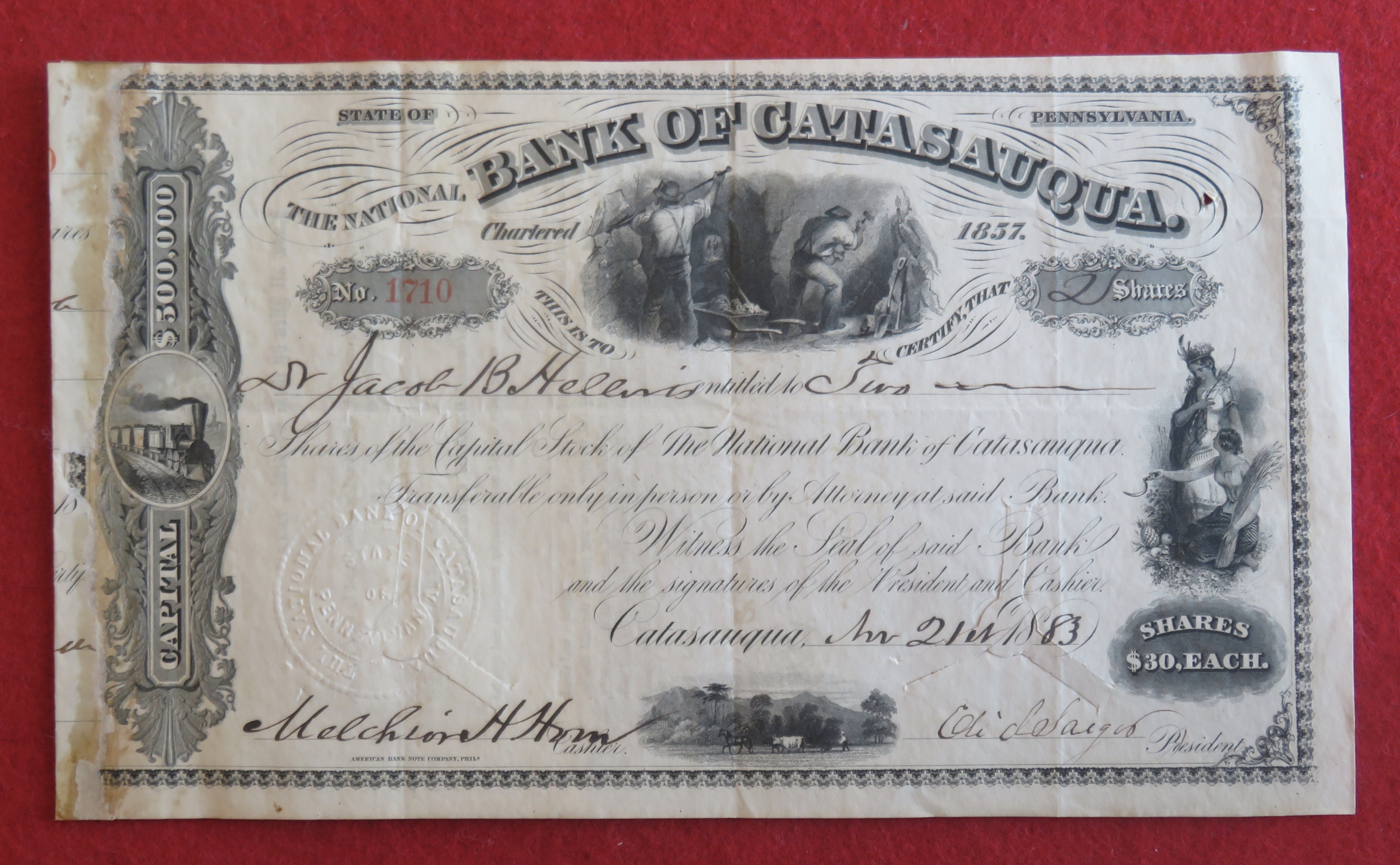 1883 The National Bank Of Catasauqua Stock Certificate